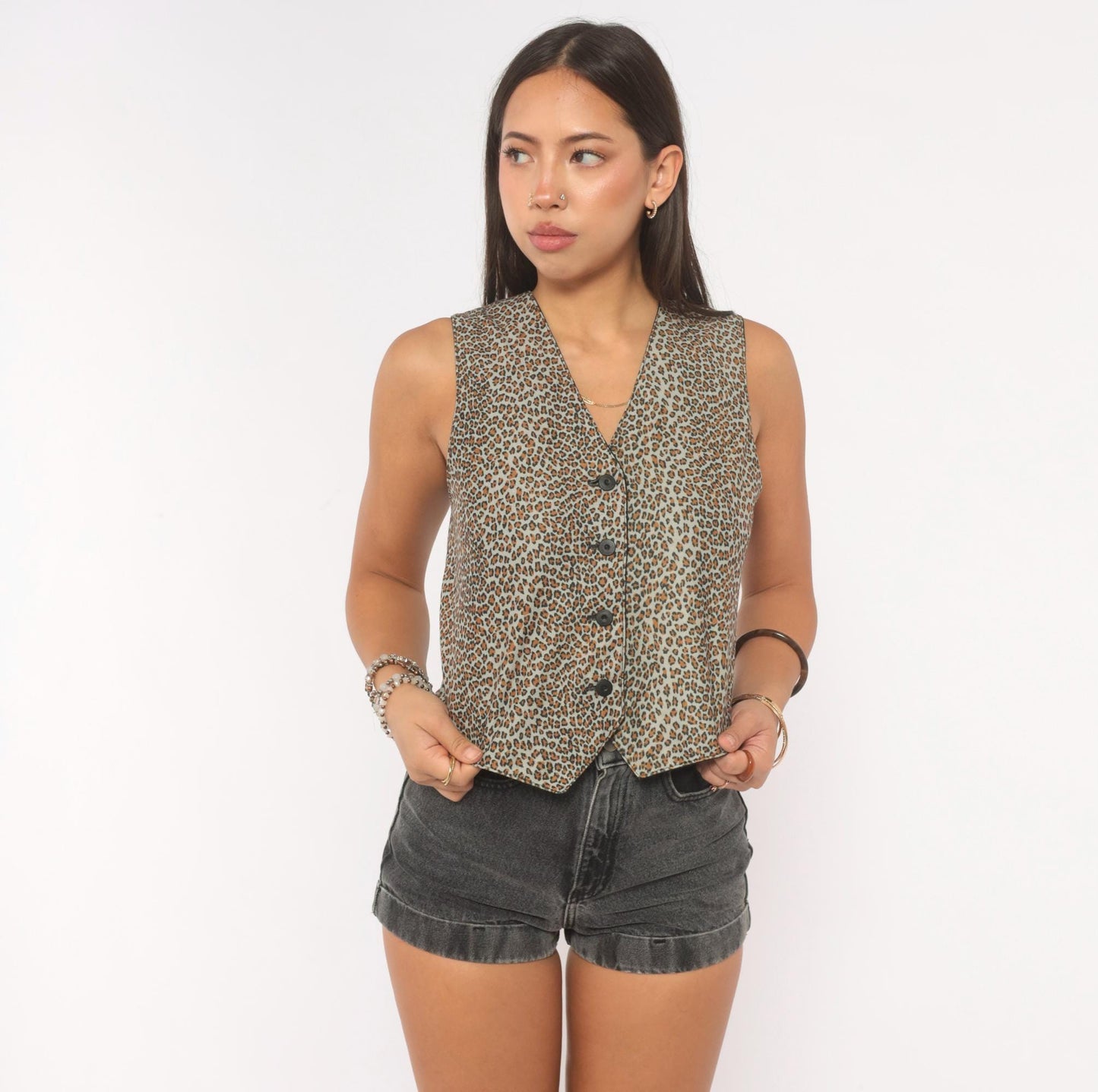 90s Reversible Leopard Cheetah Vest Black Tan Button Front V Neck Extra Small XS