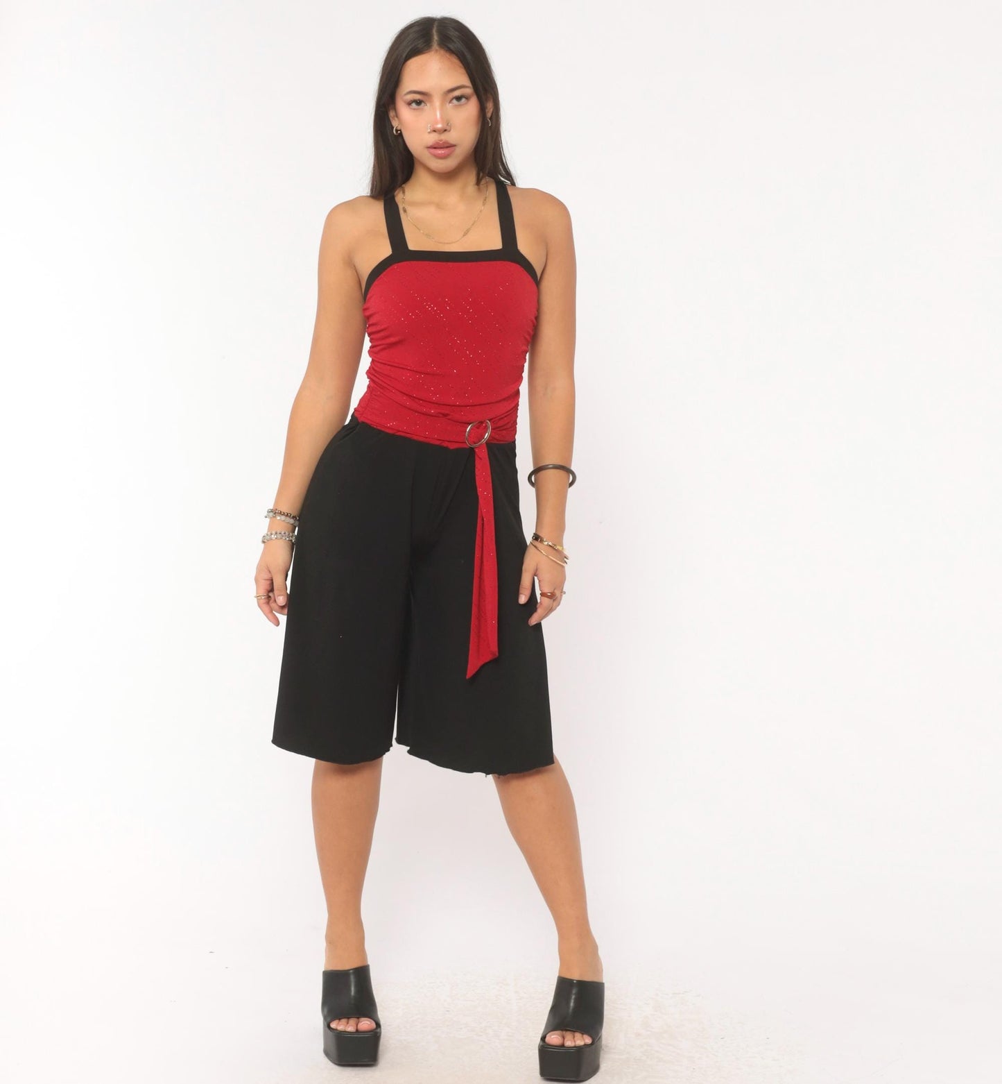 Y2K Byergirl Red Glitter Black Wide-Leg Jumpsuit Ruched Bodice XS
