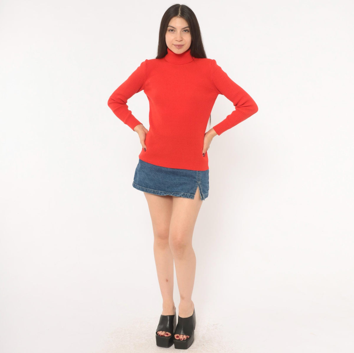 70s Red Ribbed Knit Turtleneck Sweater Fitted Pullover Back Zip Small Medium