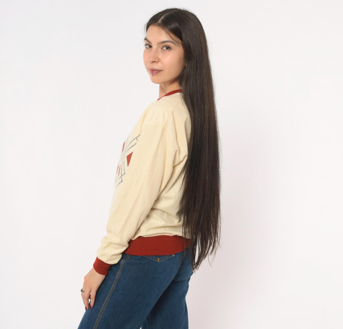 70s Windjammer Argyle V-Neck Pullover Sweatshirt Cream Burgundy Medium M