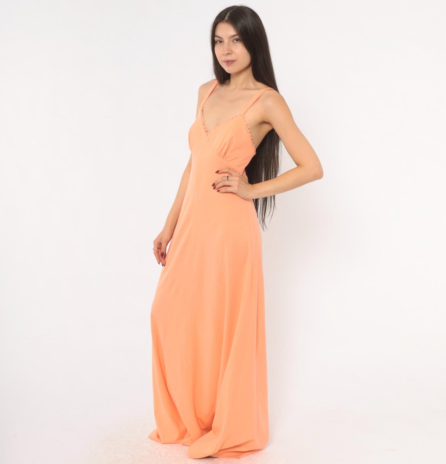 70s Peach Maxi Dress V-Neck Empire Waist Scalloped Lace Spaghetti Strap Medium M