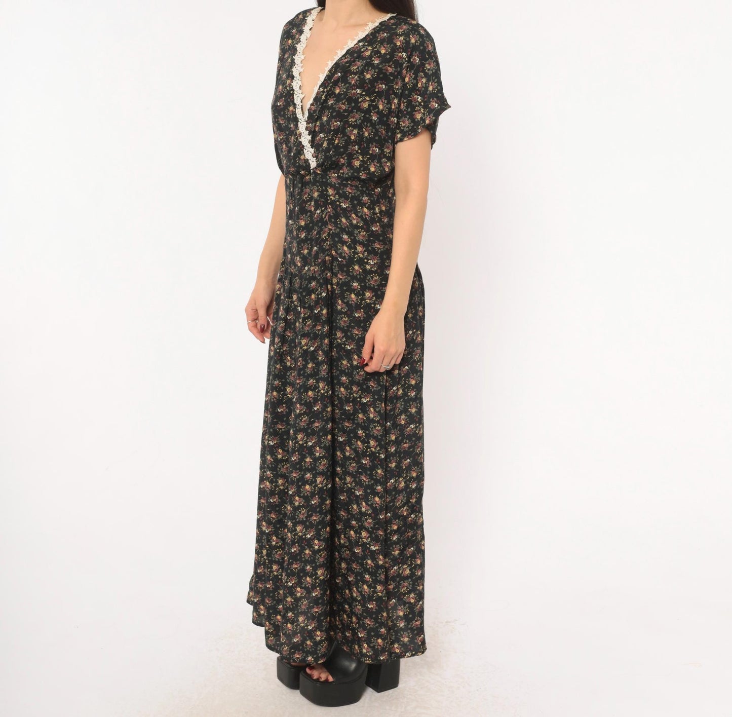 90s Ariana Black Floral Maxi Dress V-Neck Wrap Lace Trim Flutter Sleeve Large L
