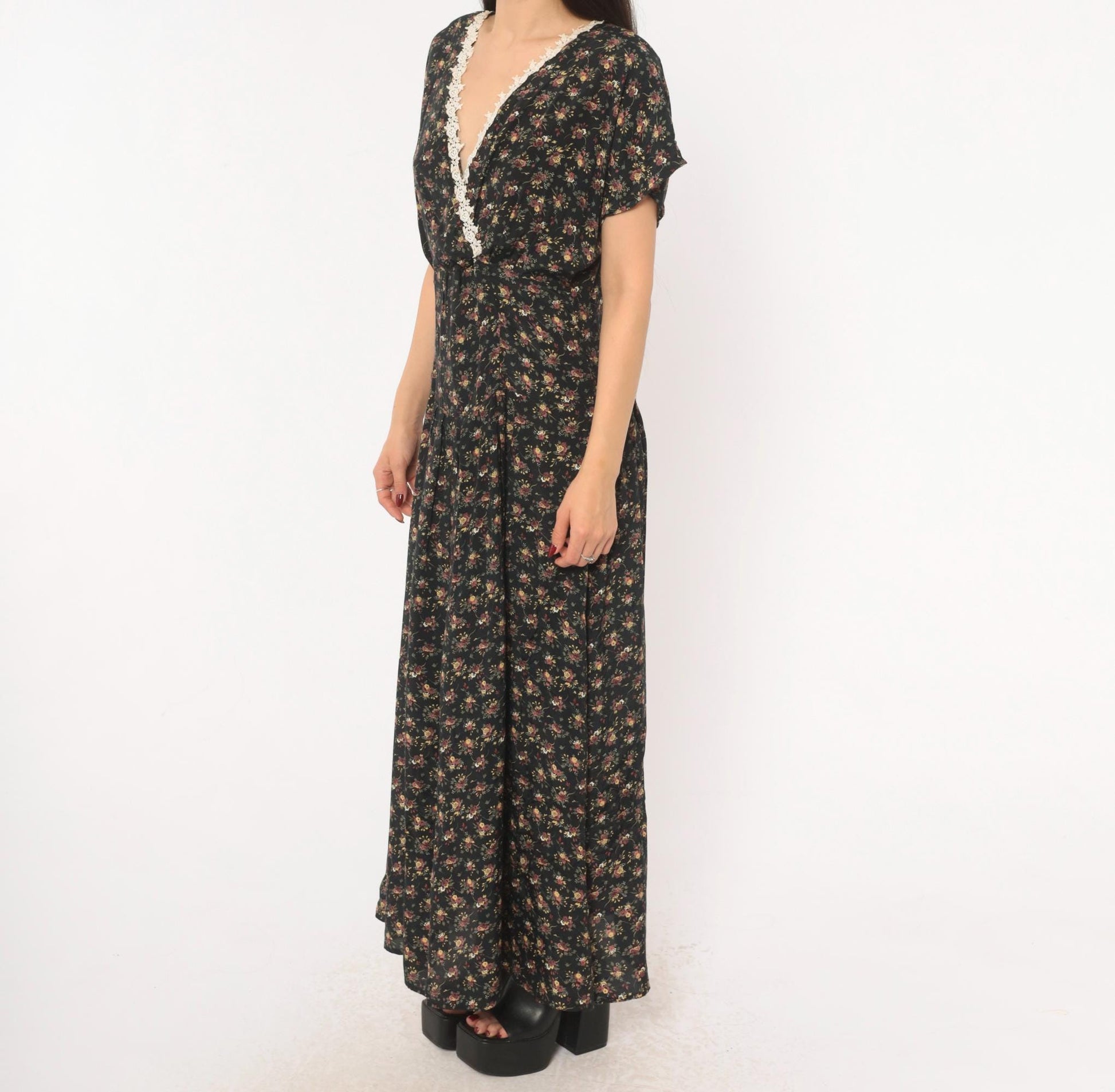 90s Ariana Black Floral Maxi Dress V-Neck Wrap Lace Trim Flutter Sleeve Large L