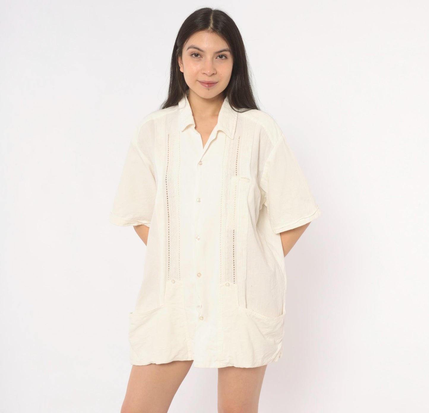 90s Cream Cotton Camp Shirt Pintuck Lace Panel Ivory Mens Large L