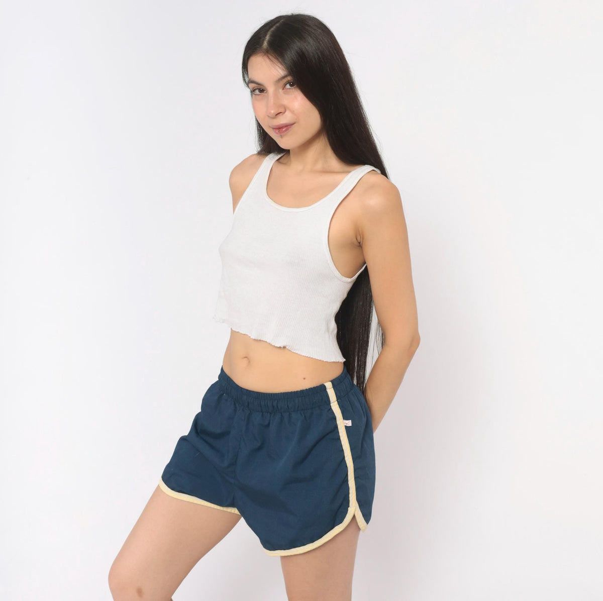 80s Jantzen Navy Running Shorts Cream Piping Dolphin Hem Cotton Medium