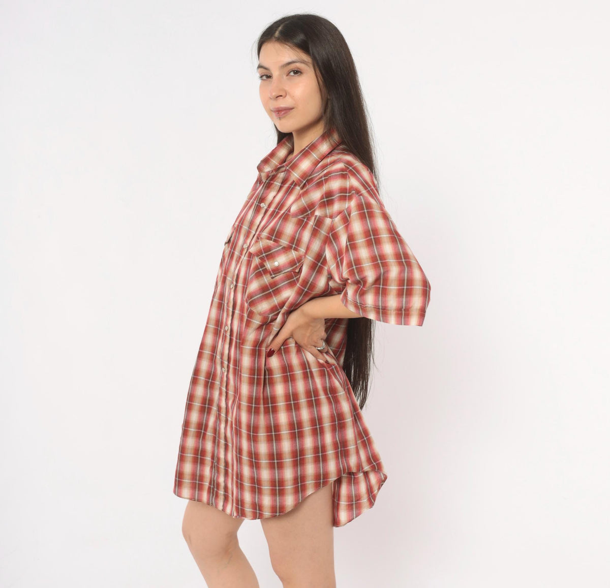 90s Plains Western Pearl Snap Shirt Burgundy Plaid Cotton Extra Large XL