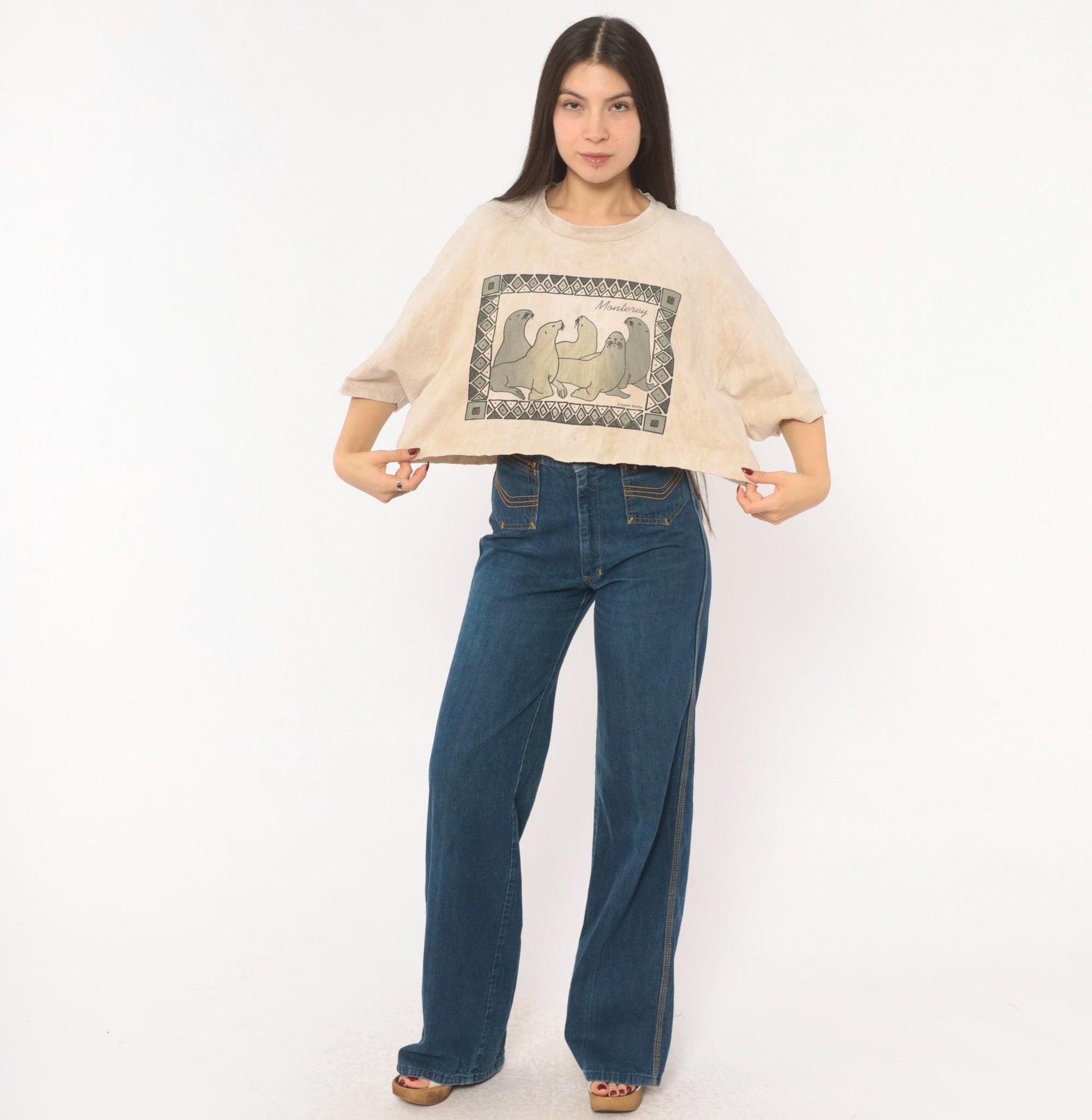 90s Guava Beach Monterey Sea Lion Crop Top Tan Acid Wash Cotton Medium