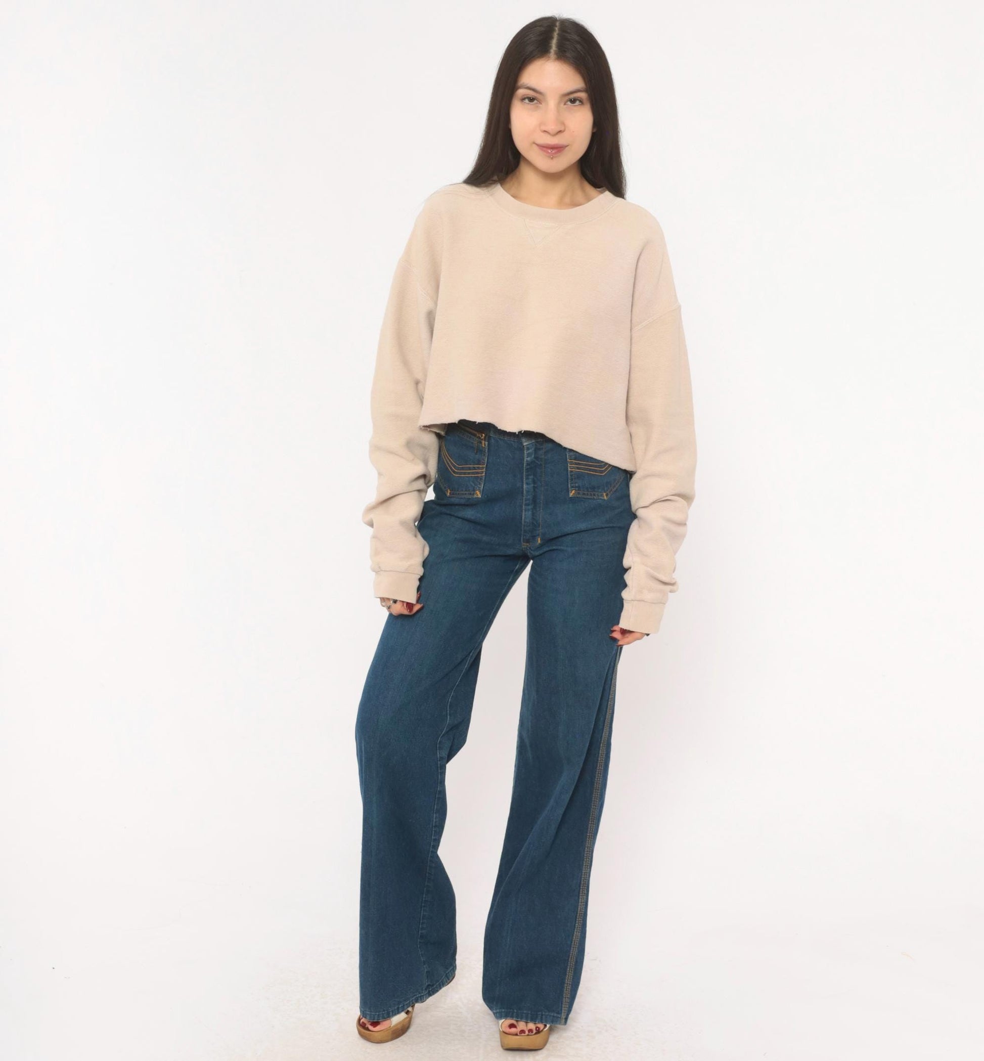 90s Lands' End Cropped Sweatshirt Tan Cotton Raglan Small