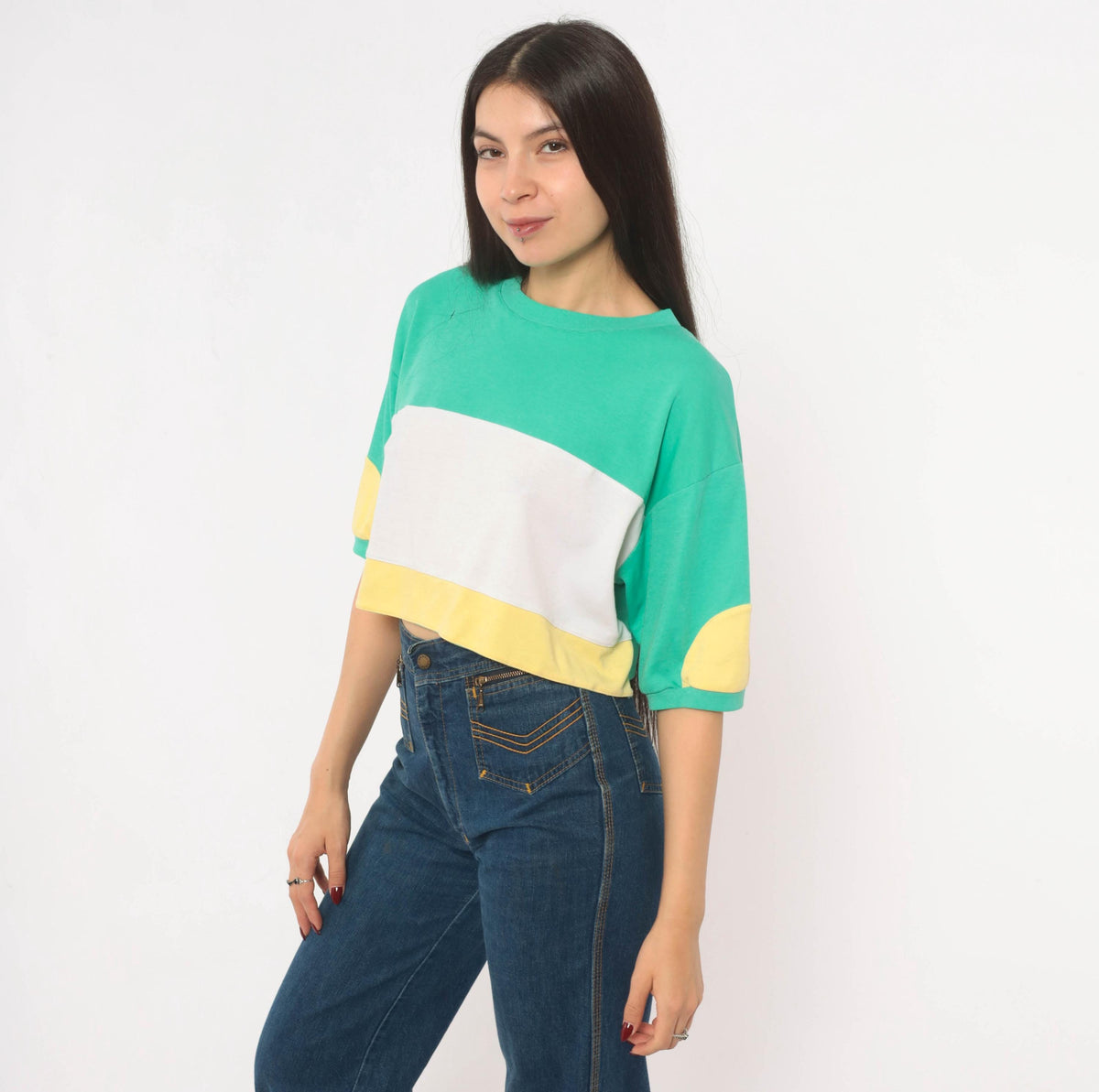 80s Color Block Crop Top Green White Yellow Cotton Medium M