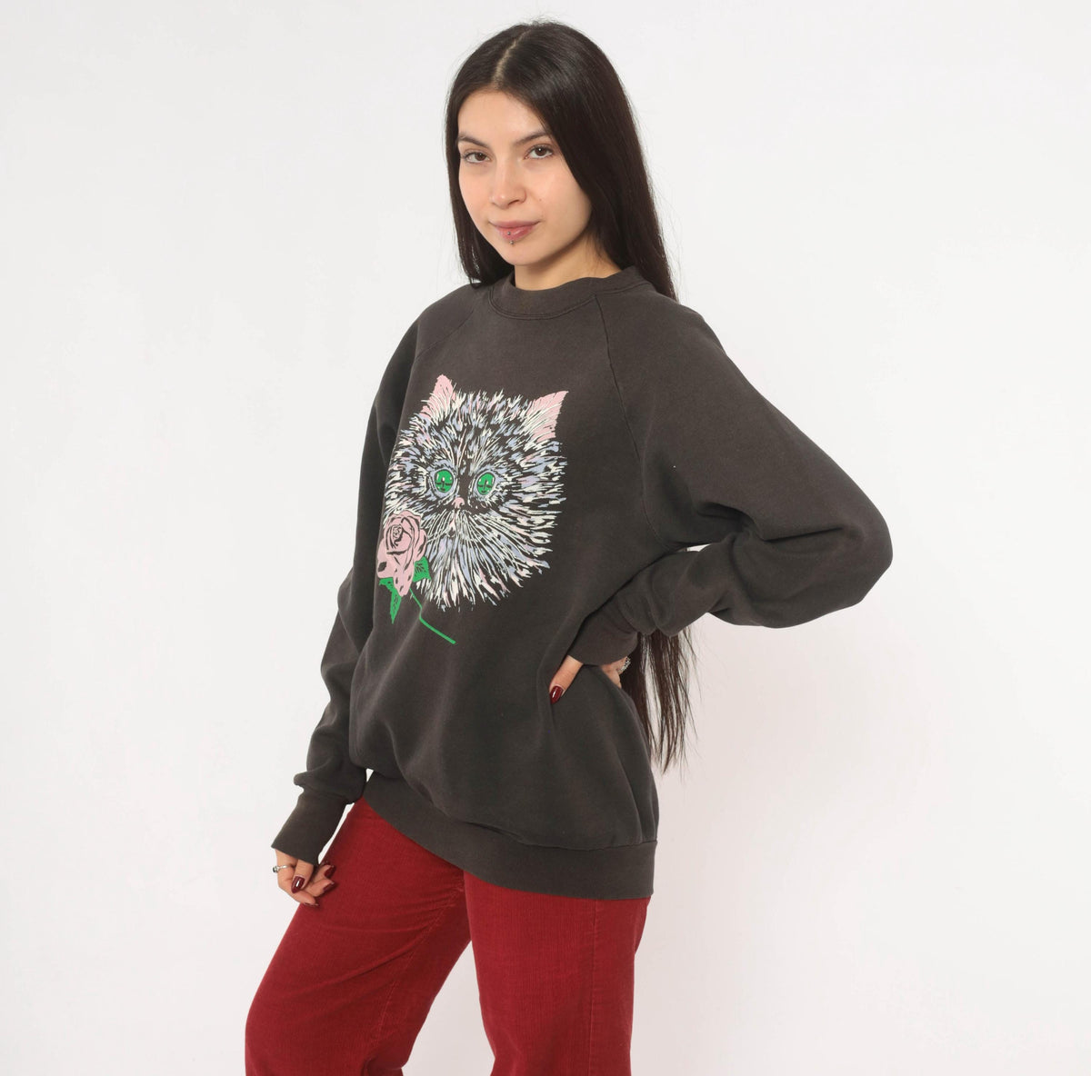 90s Fruit Of The Loom Cat Rose Raglan Sweatshirt Faded Black Large L