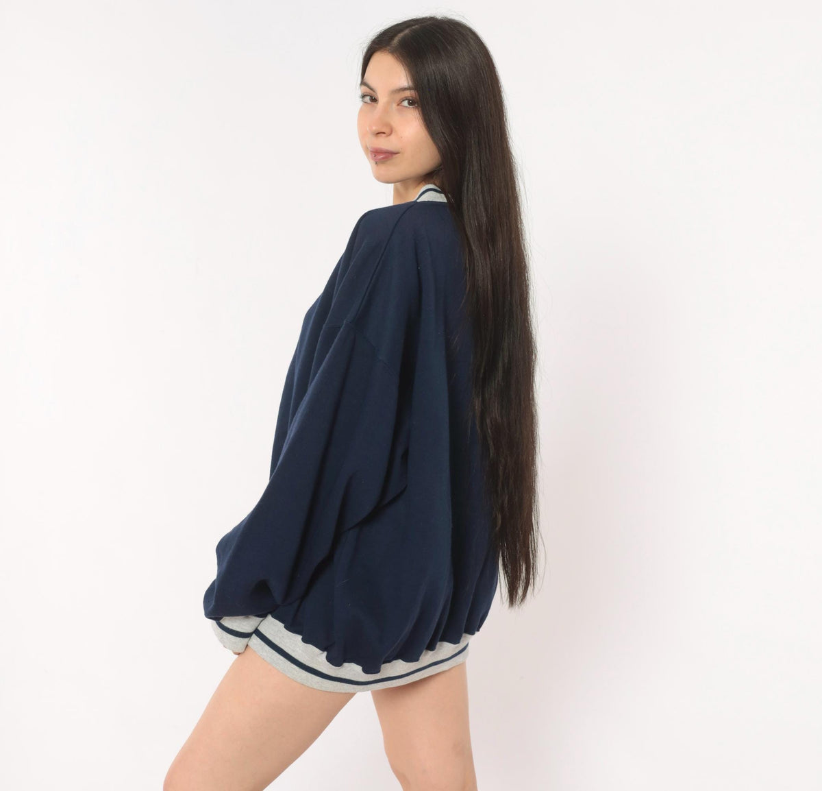 80s Puritan Navy Henley Sweatshirt Grey Stripe Snap Placket Plus Size XXL