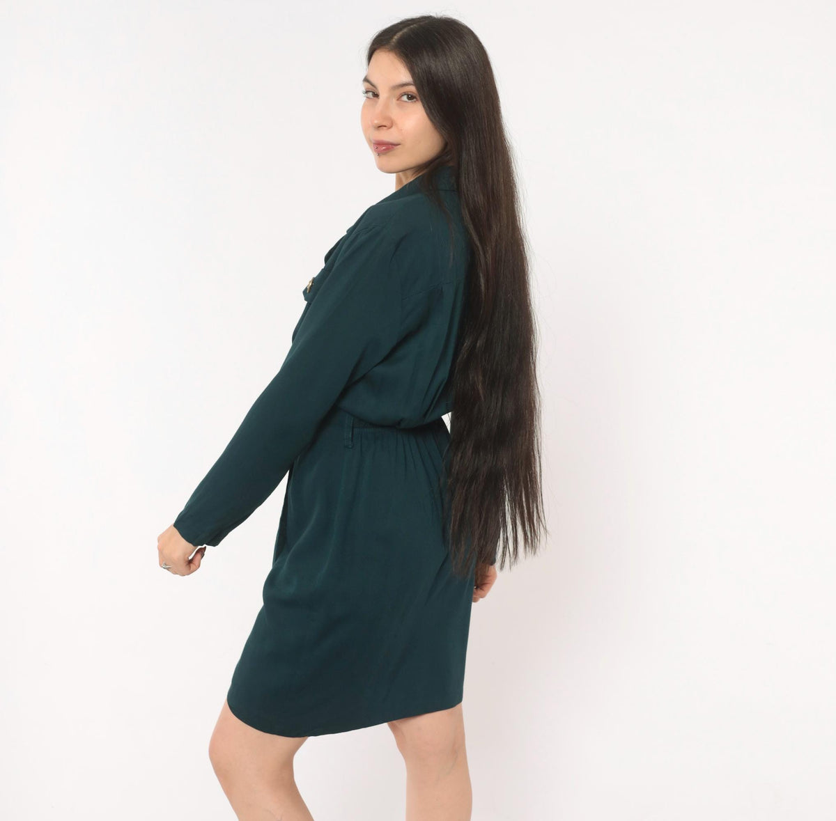 90s Deborah Teal Wrap Dress Gold Button Notched Collar Knee Length Small
