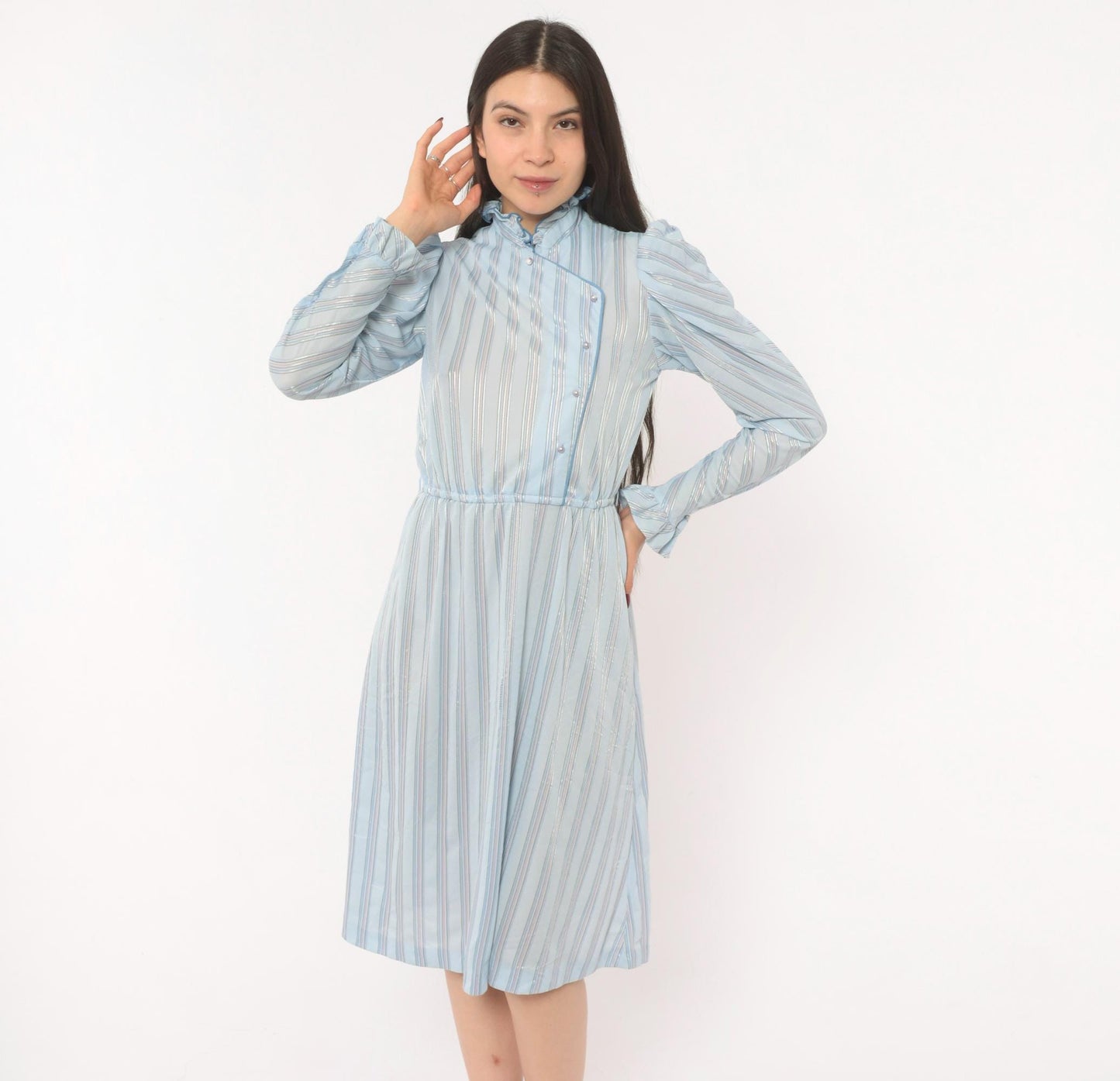 80s Jerri Gee Striped Puff Sleeve Dress Pearl Buttons Ruffled Collar Sky Blue Small