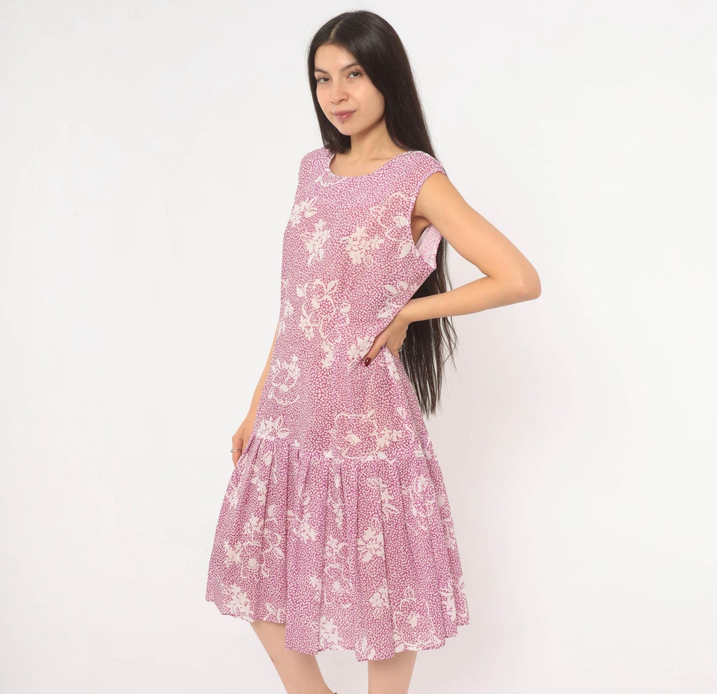 80s California Looks Floral Drop Waist Dress Purple White Knee Length XL
