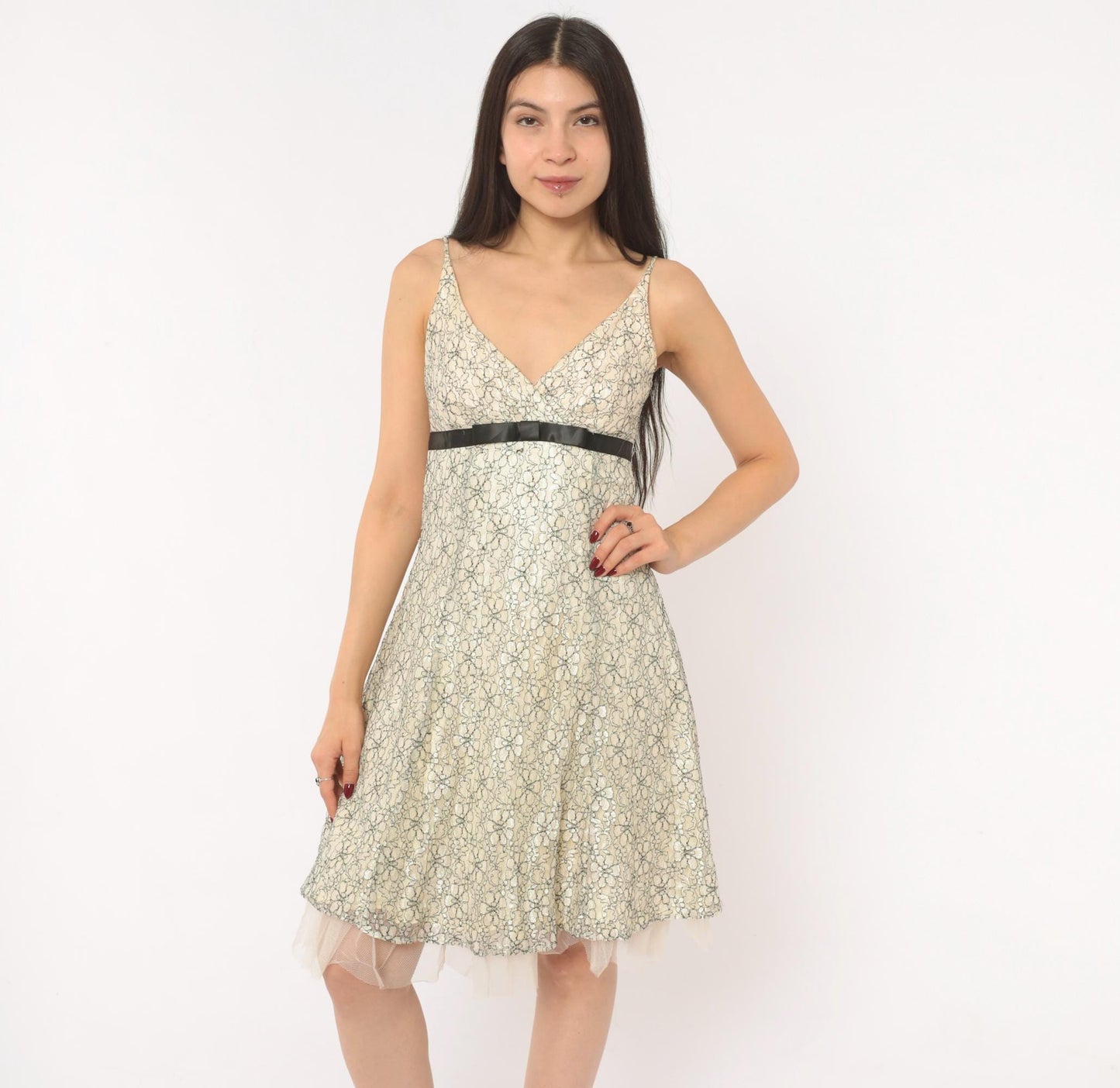 Y2K Intrigue Lace Floral Sundress Cream Black Satin Ribbon Empire Waist Extra Small XS