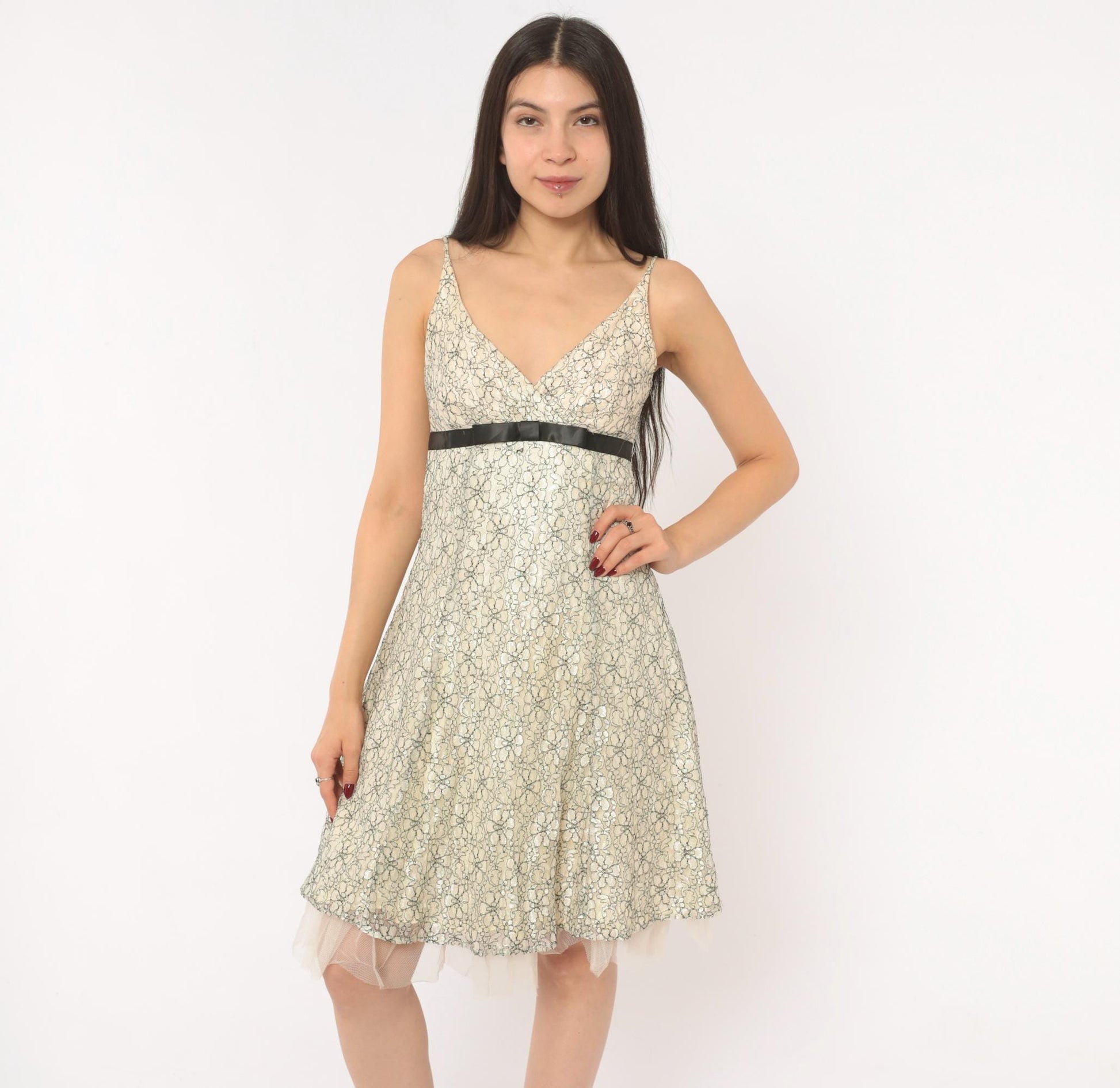 Y2K Intrigue Lace Floral Sundress Cream Black Satin Ribbon Empire Waist Extra Small XS