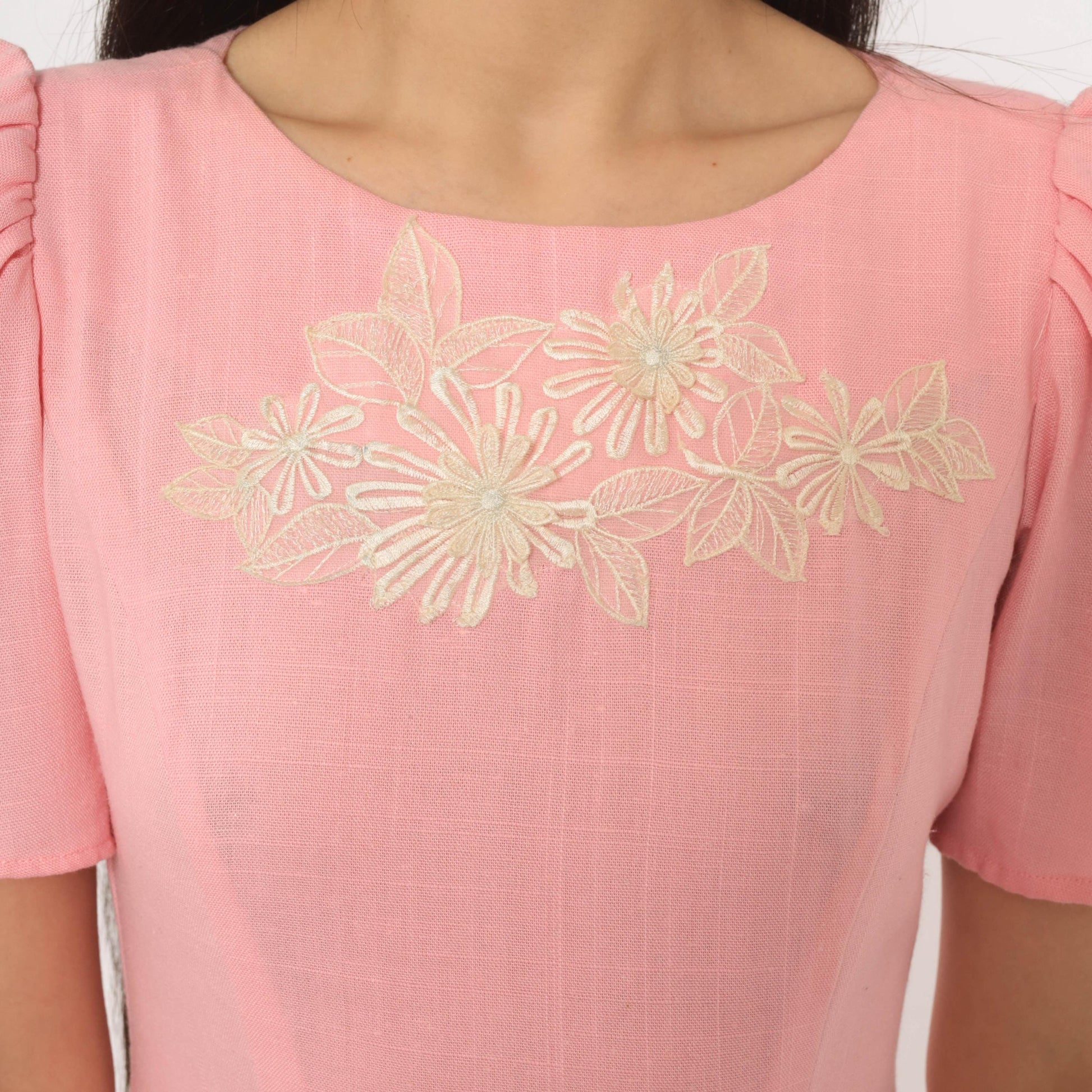 80s Pink Floral Puff Sleeve Dress Bow Back Drop Waist Cotton Small