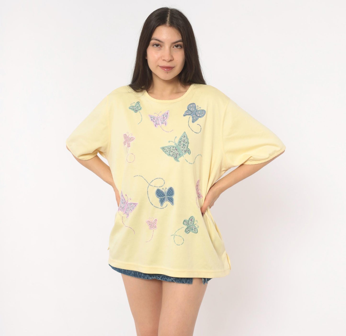 90s Bonworth Butterfly Applique Top Yellow Cotton Crew Neck Extra Large XL
