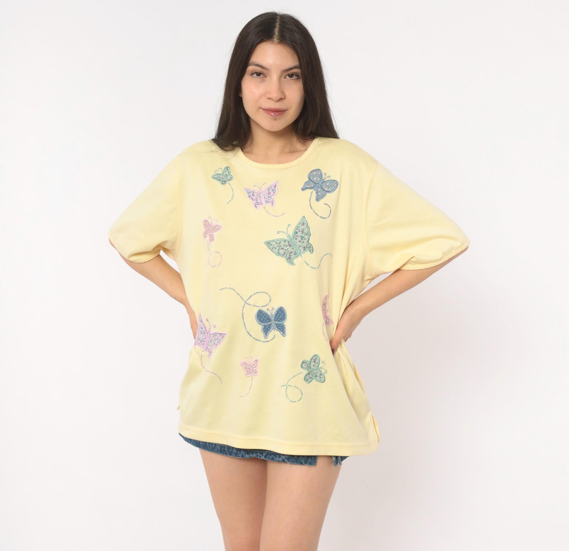 90s Bonworth Butterfly Applique Top Yellow Cotton Crew Neck Extra Large XL