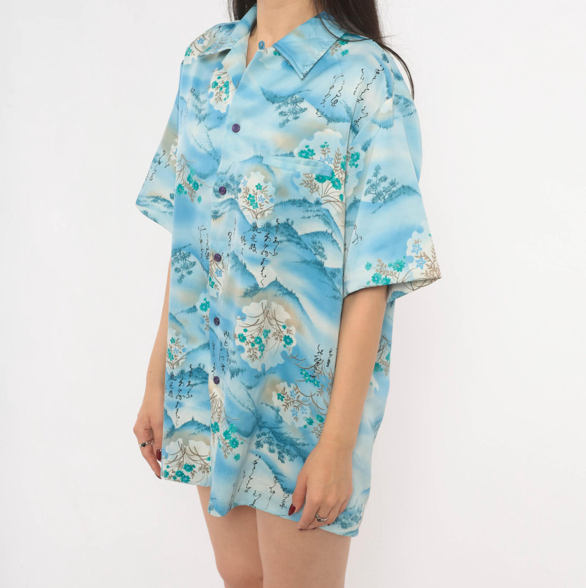 90s Mark Raysten Camp Collar Shirt Japanese Landscape Sky Blue Large L
