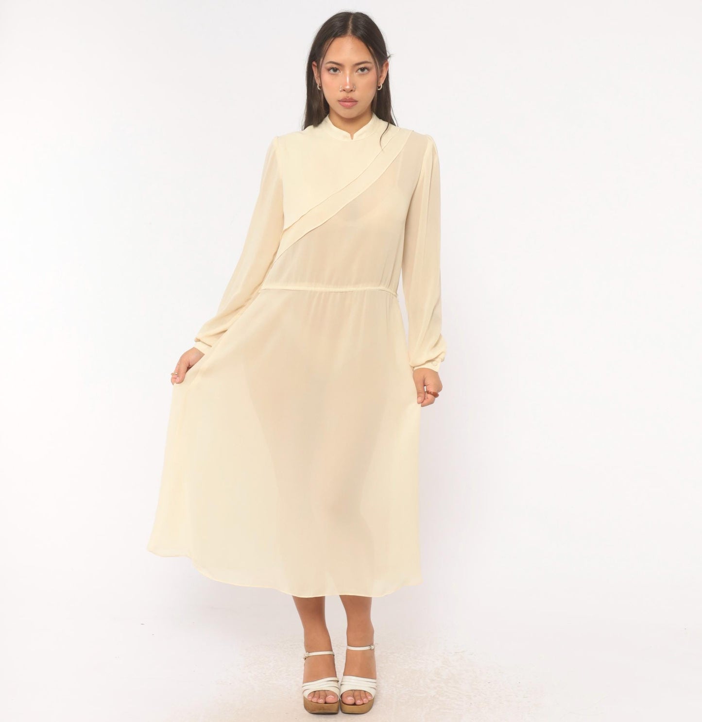 70s Jimmy Los Angeles Cream Chiffon Midi Dress Mandarin Collar Medium M