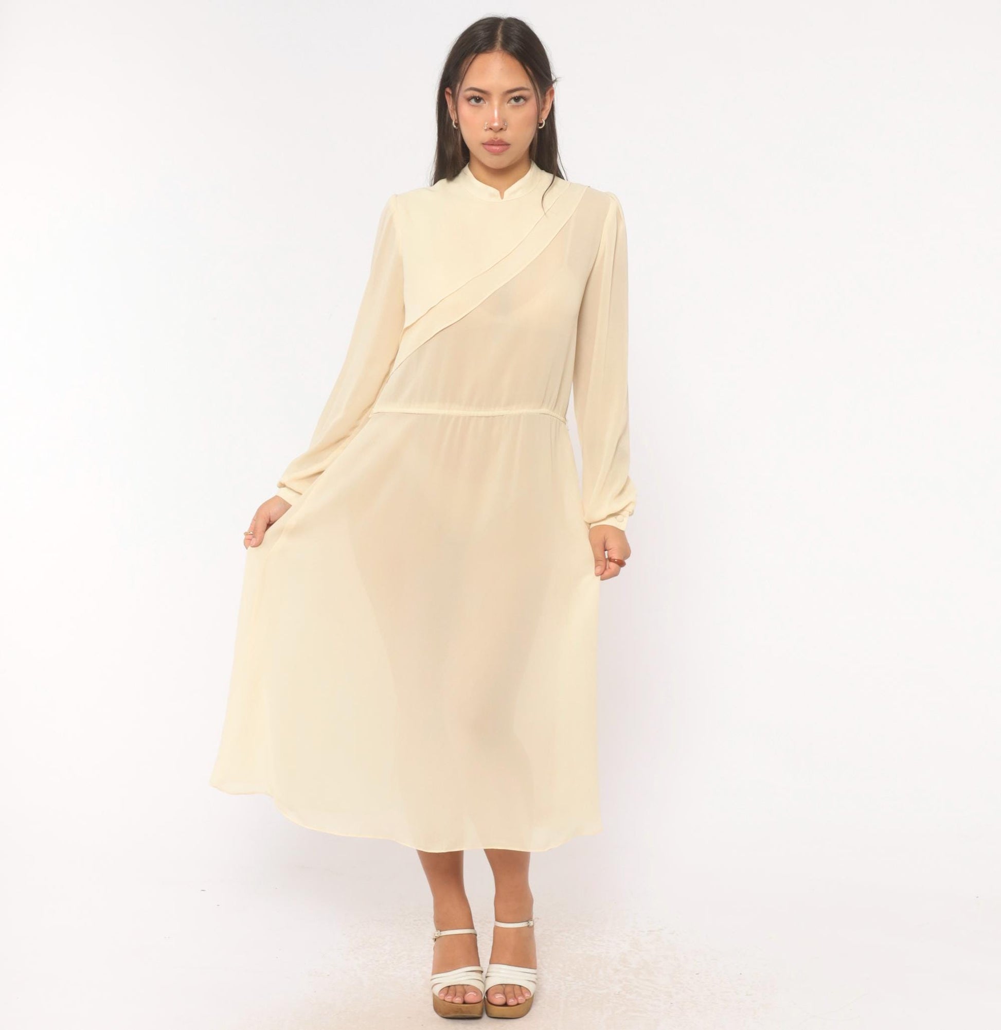 70s Jimmy Los Angeles Cream Chiffon Midi Dress Mandarin Collar Medium M
