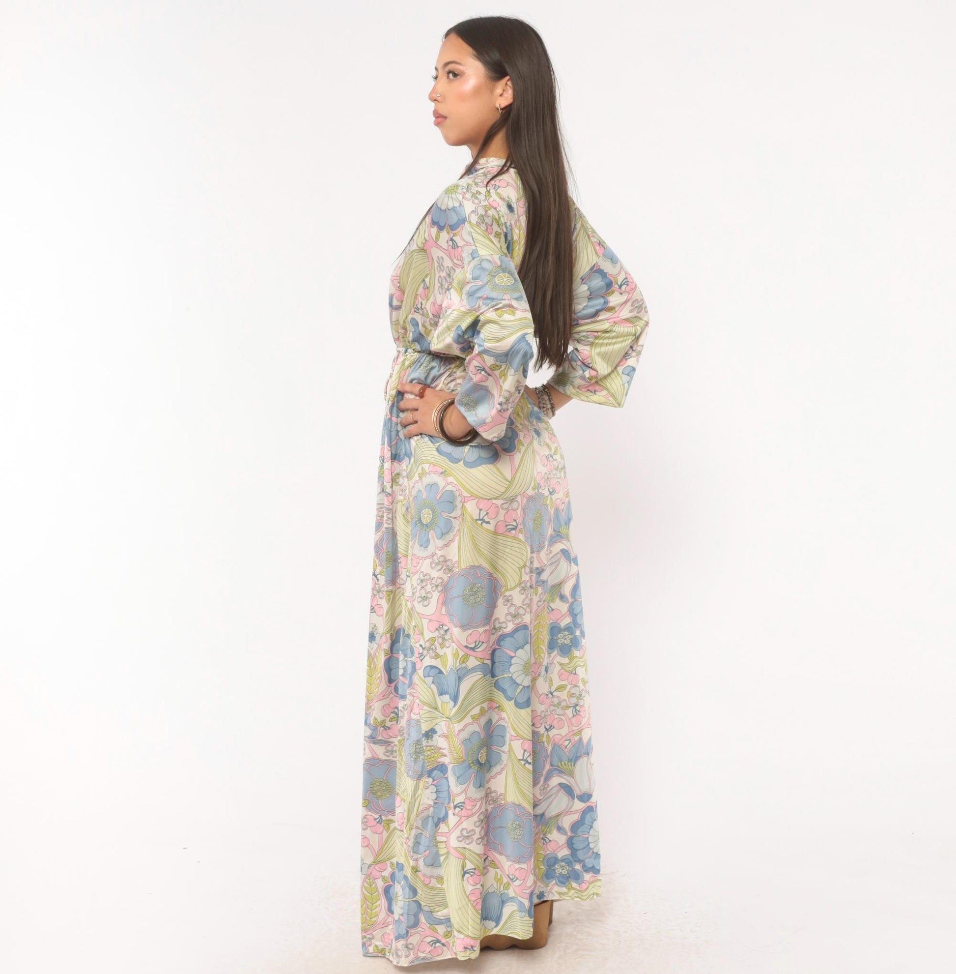 70s Vanity Fair Psychedelic Floral Maxi Dress Nylon Kimono Sleeve Medium
