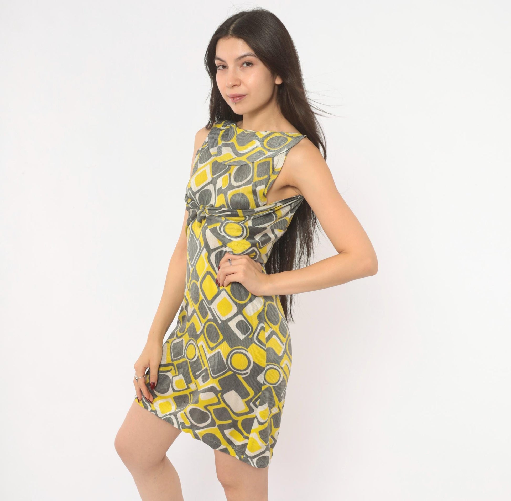 1960s Space Age Mod Mini Dress Yellow Grey Geometric Print Tie Waist Extra Small XS
