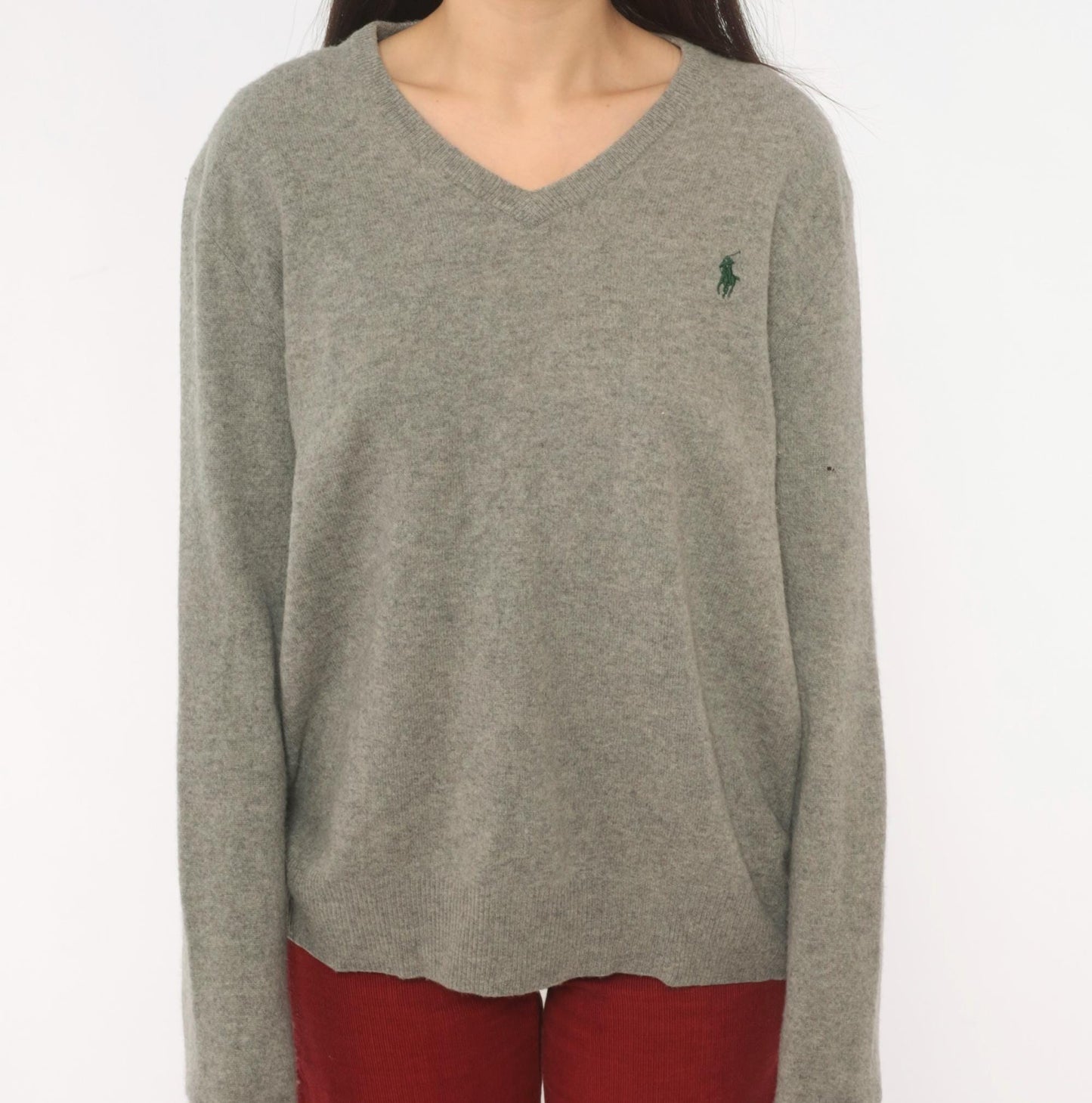 Y2K Ralph Lauren Grey Merino Wool V-Neck Sweater Distressed Large L