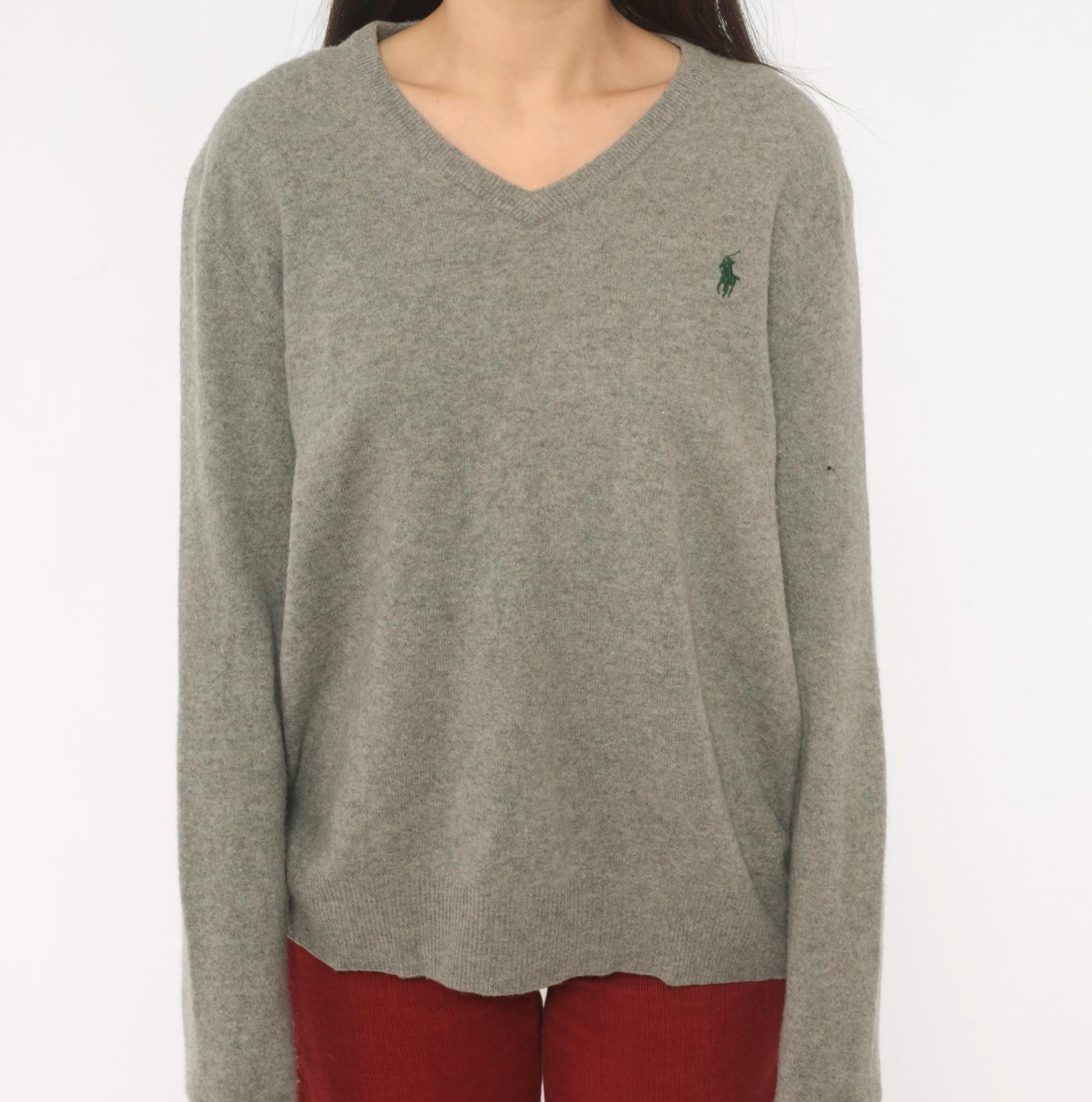 Y2K Ralph Lauren Grey Merino Wool V-Neck Sweater Distressed Large L