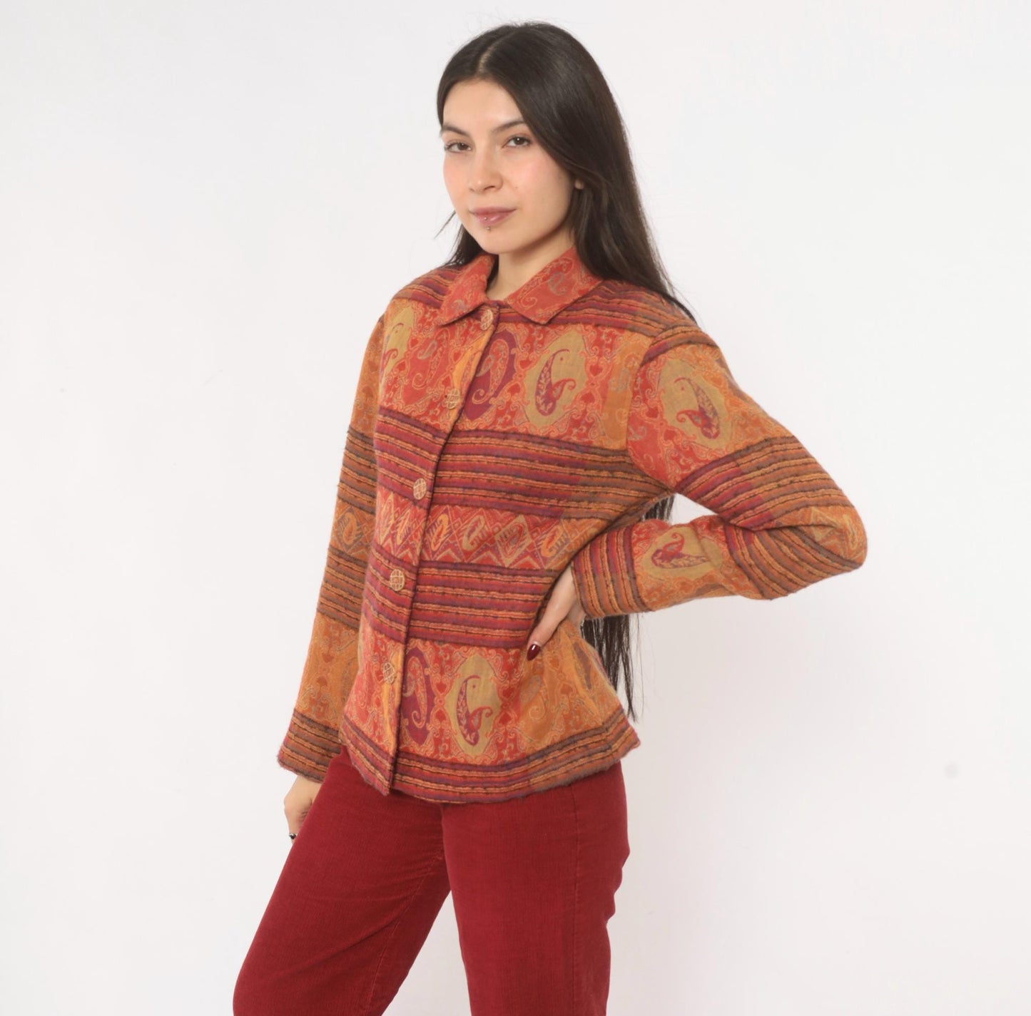 2000s Coldwater Creek Paisley Wool Jacket Rust Copper Plum XS