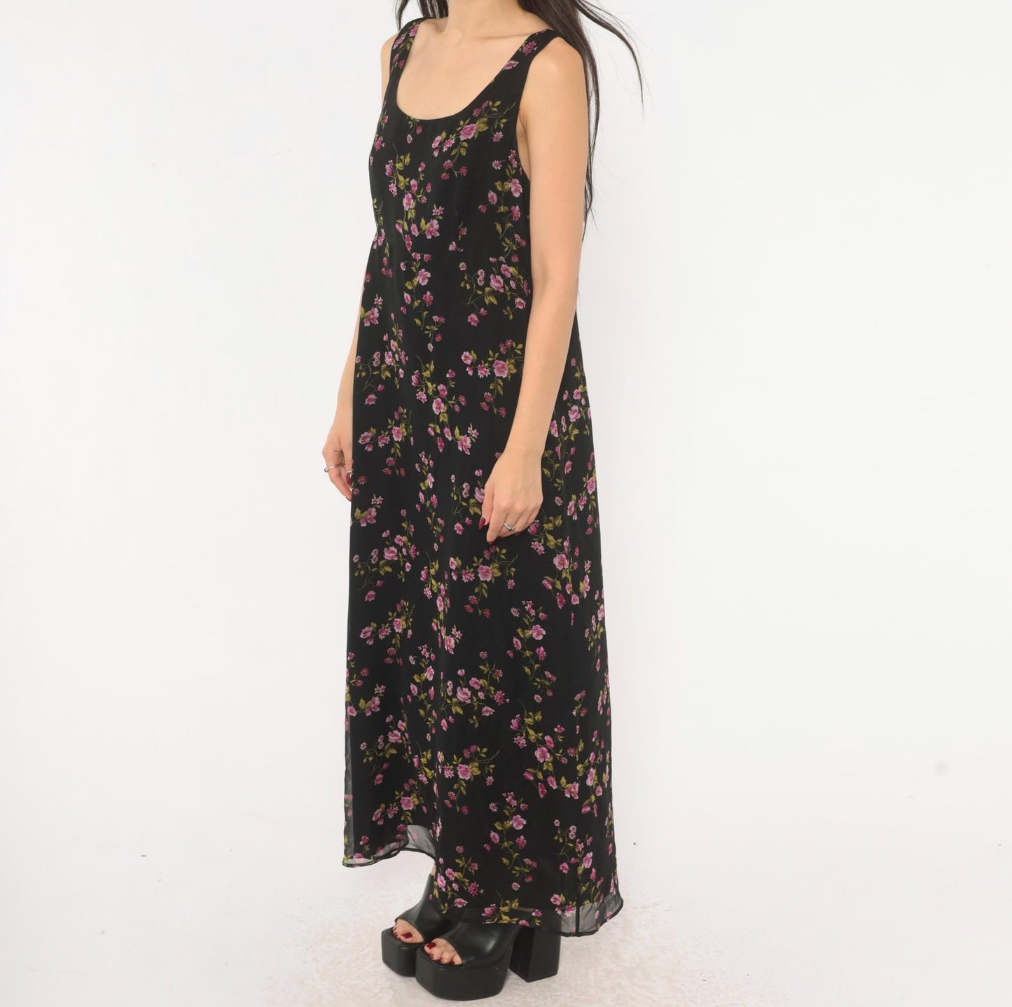 90s Robbie Bee Black Floral Silk Maxi Dress Purple Pink Scoop Neck Medium