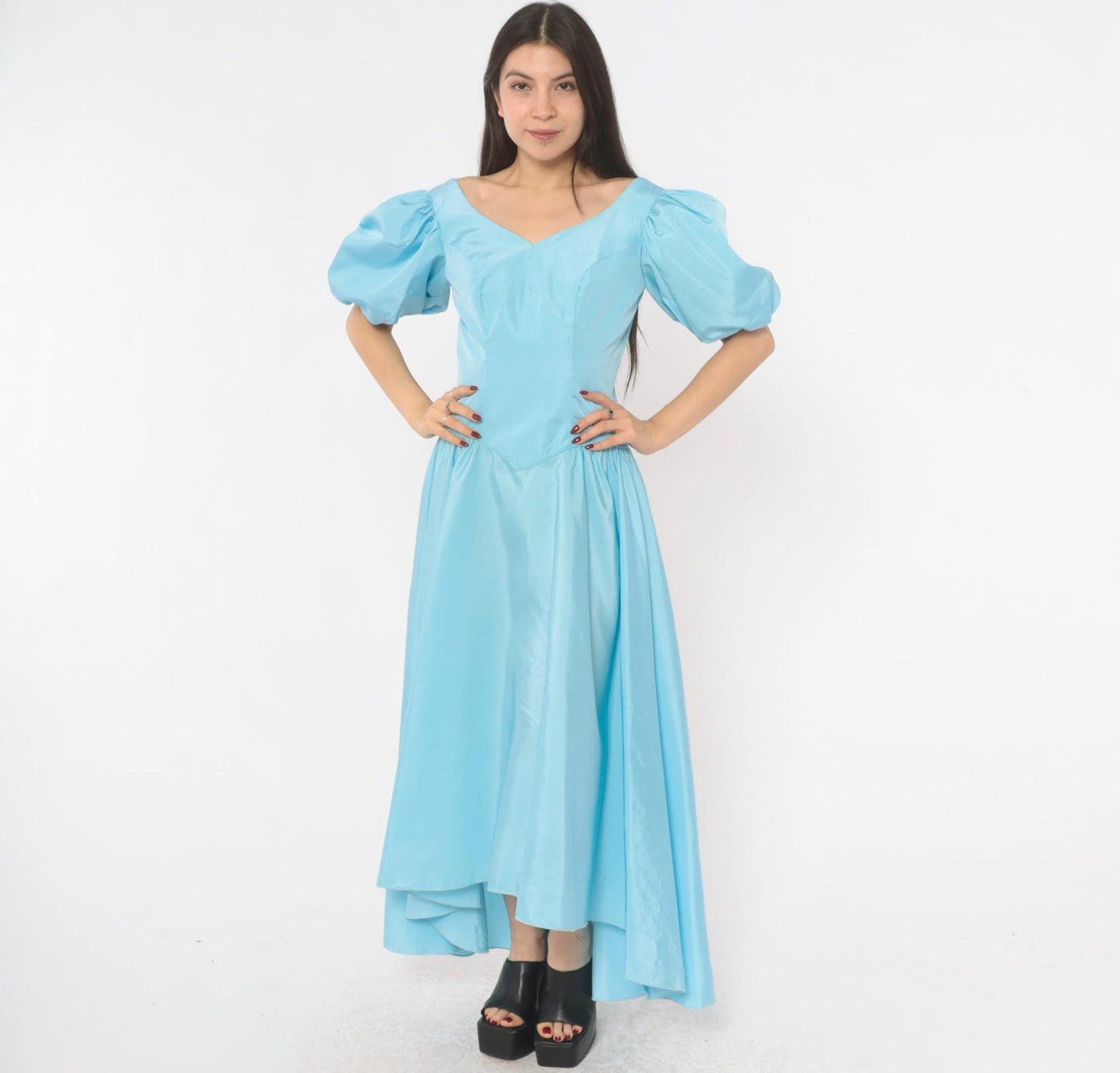 80s Sky Blue Puff Sleeve Gown Sweetheart Neckline Bow Back Maxi Medium M