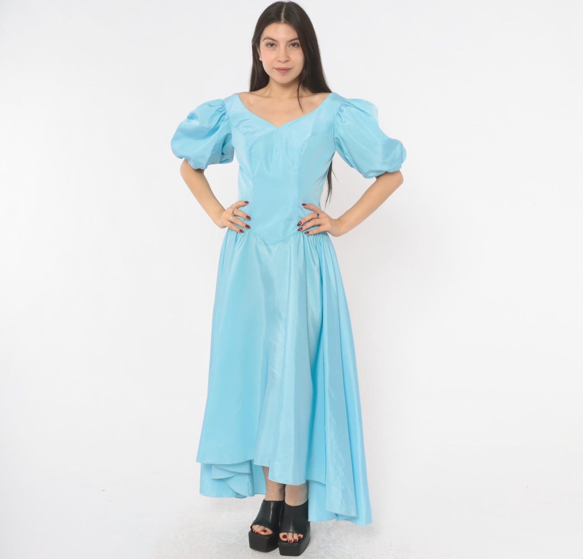 80s Sky Blue Puff Sleeve Gown Sweetheart Neckline Bow Back Maxi Medium M