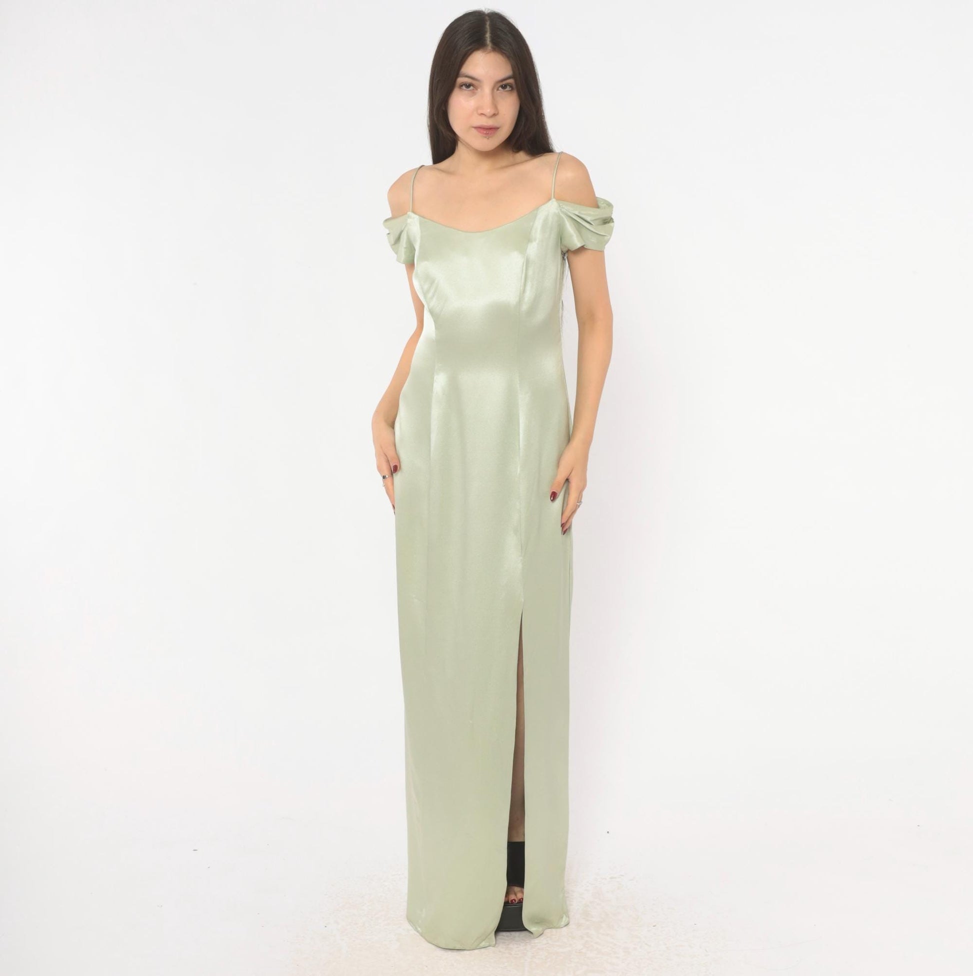 90s Bill Levkoff Sage Green Cold Shoulder Maxi Gown Medium M
