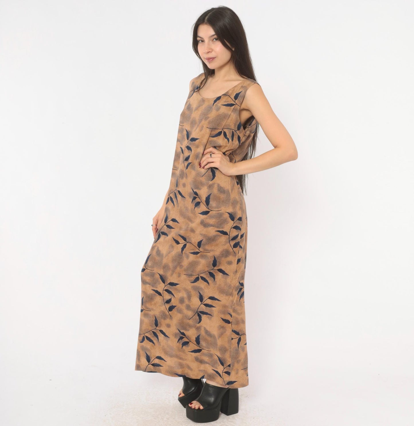 90s Miss Dorby Leaf Print Maxi Dress Tan Navy Sleeveless Medium M