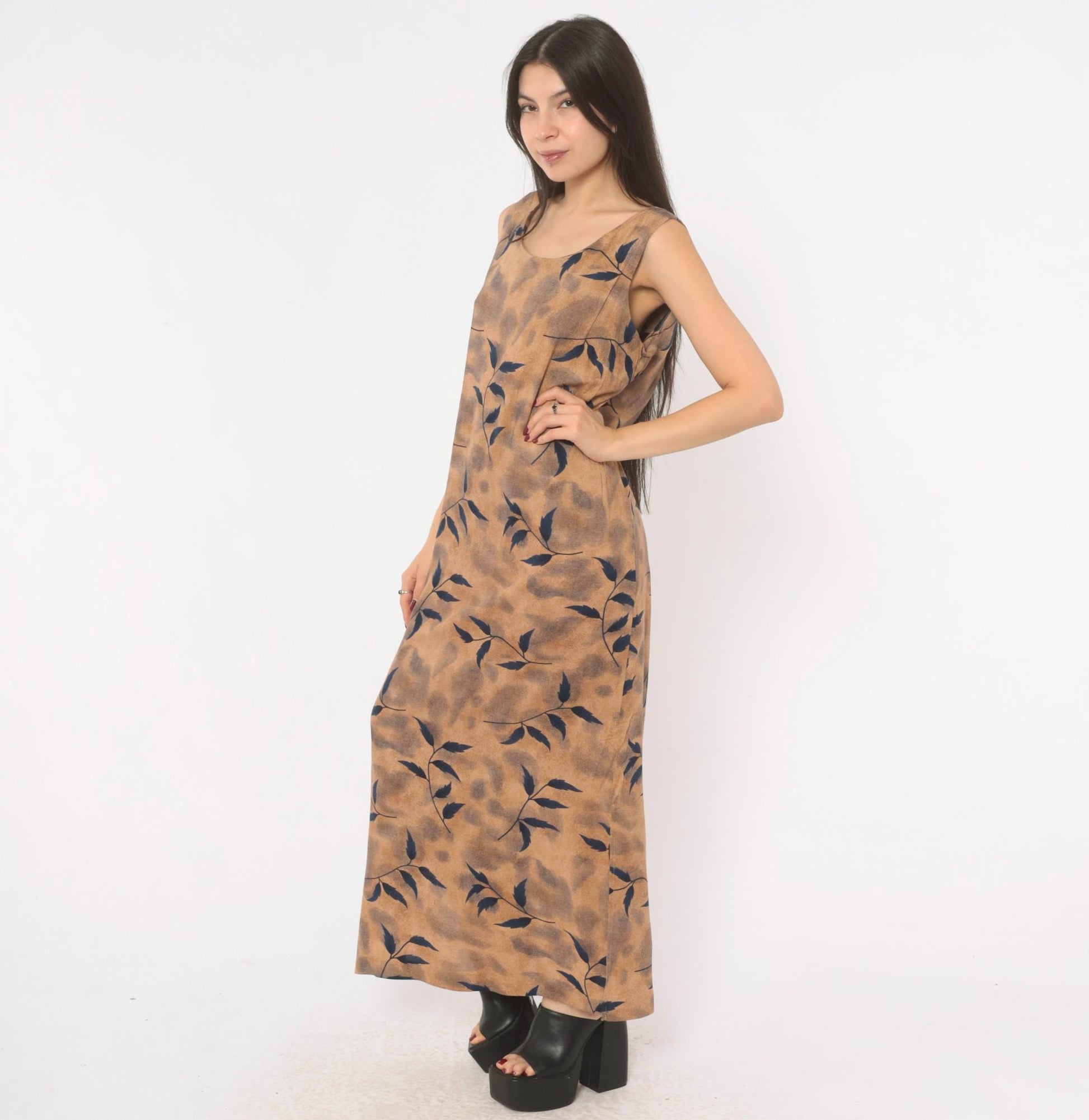 90s Miss Dorby Leaf Print Maxi Dress Tan Navy Sleeveless Medium M