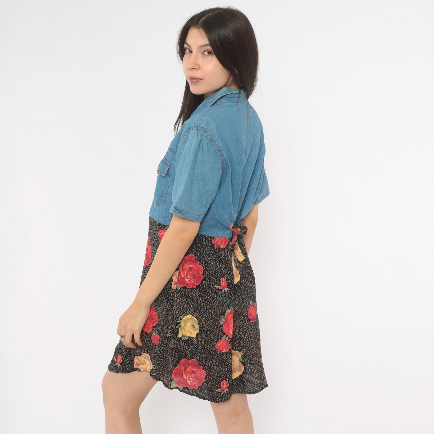 90s M.P.H. Denim Floral Mini Dress Button Front Collared Medium M