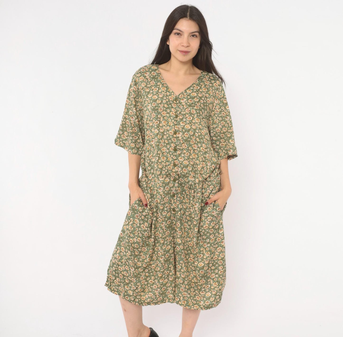 90s Westport Ltd. Floral Midi Romper Button Front Calico Print Olive Cream Extra Large XXL