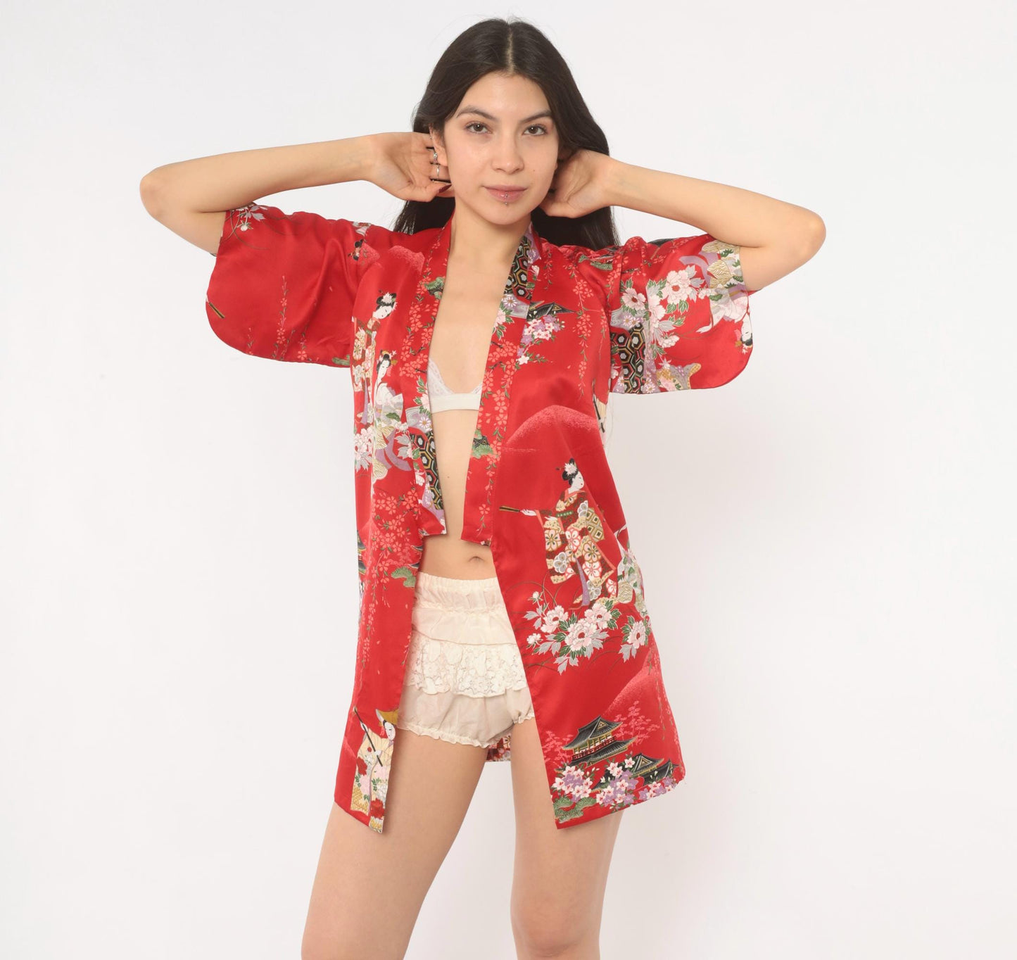 90s Red Geisha Cherry Blossom Satin Kimono Robe Mini XXS