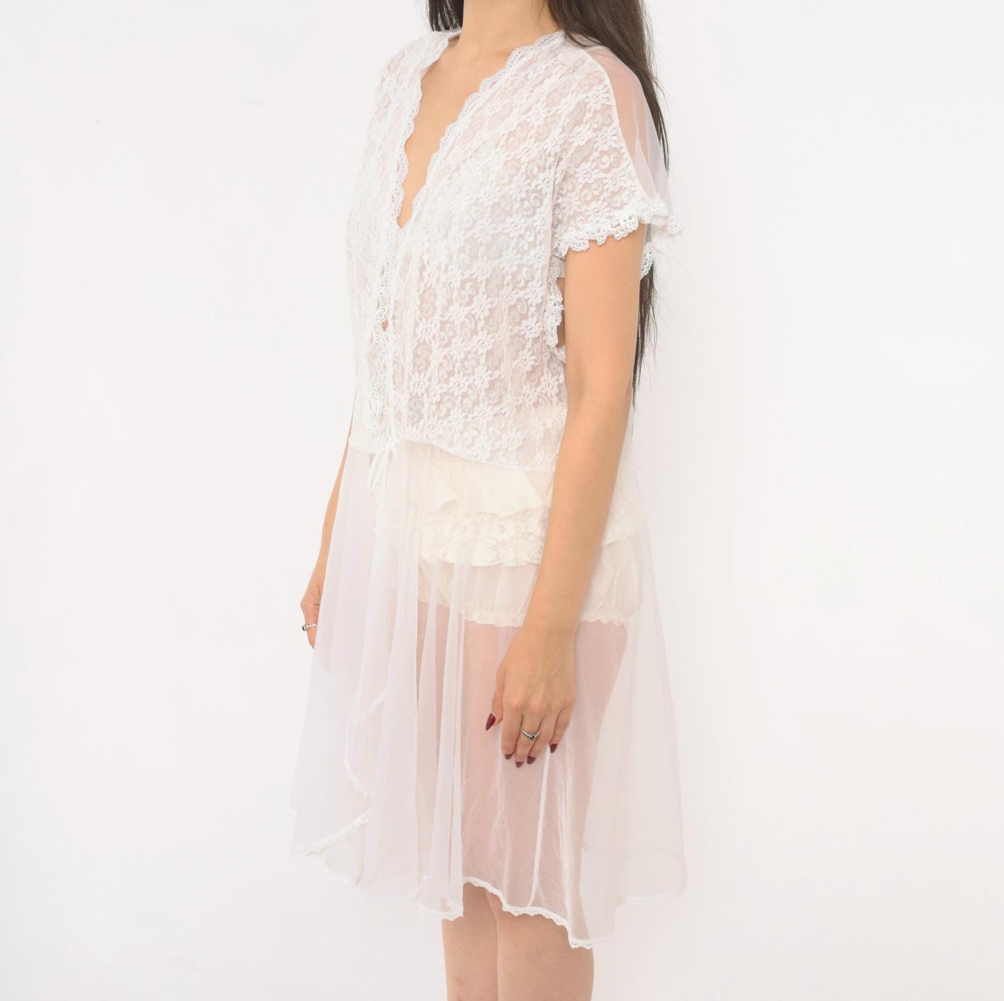 90s Delicates Woman White Lace Peignoir Robe Knee-Length Plus Size 2X