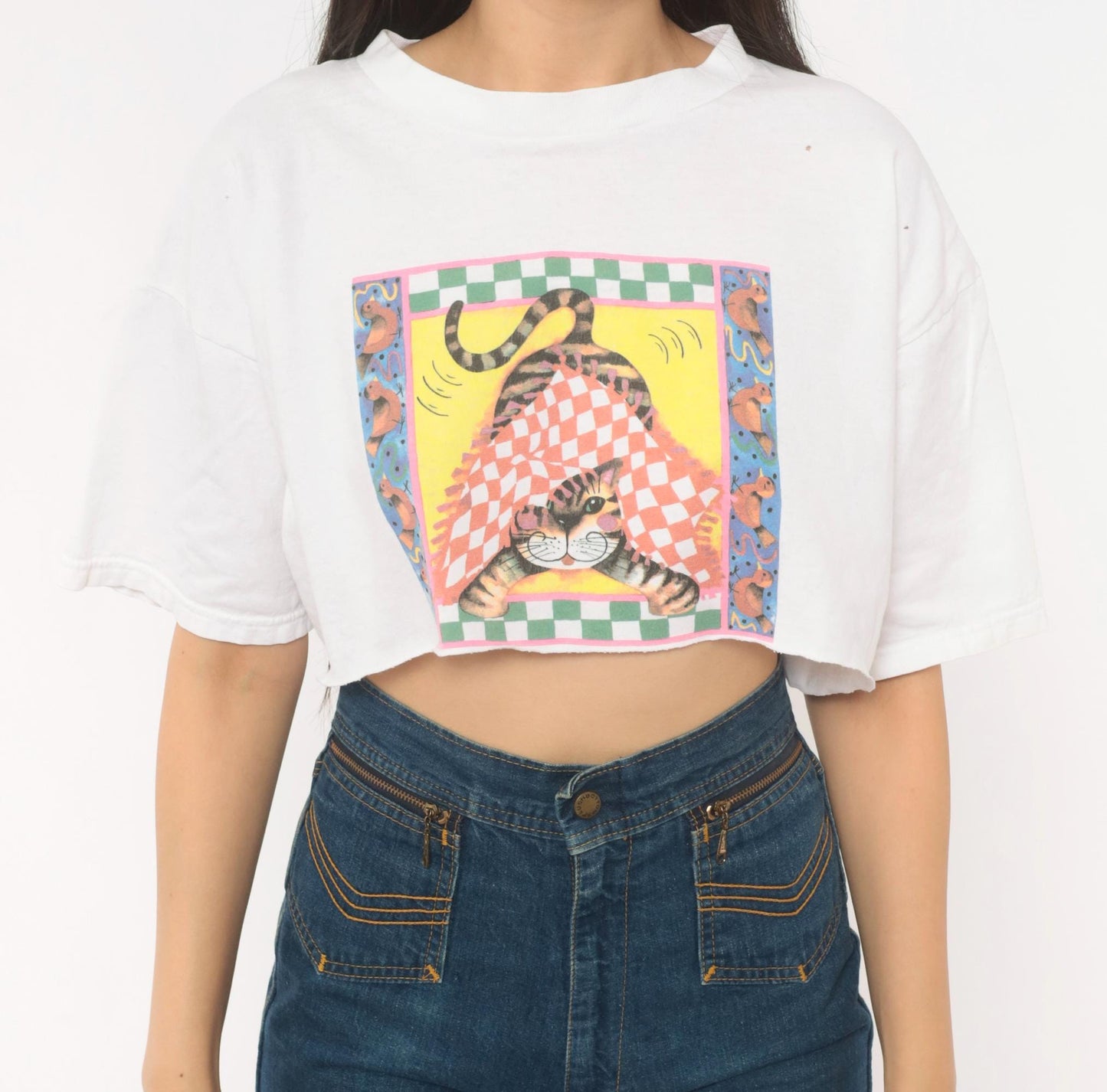 90s Fruit Of The Loom Cat Checkered Graphic Crop Top White Cotton Medium