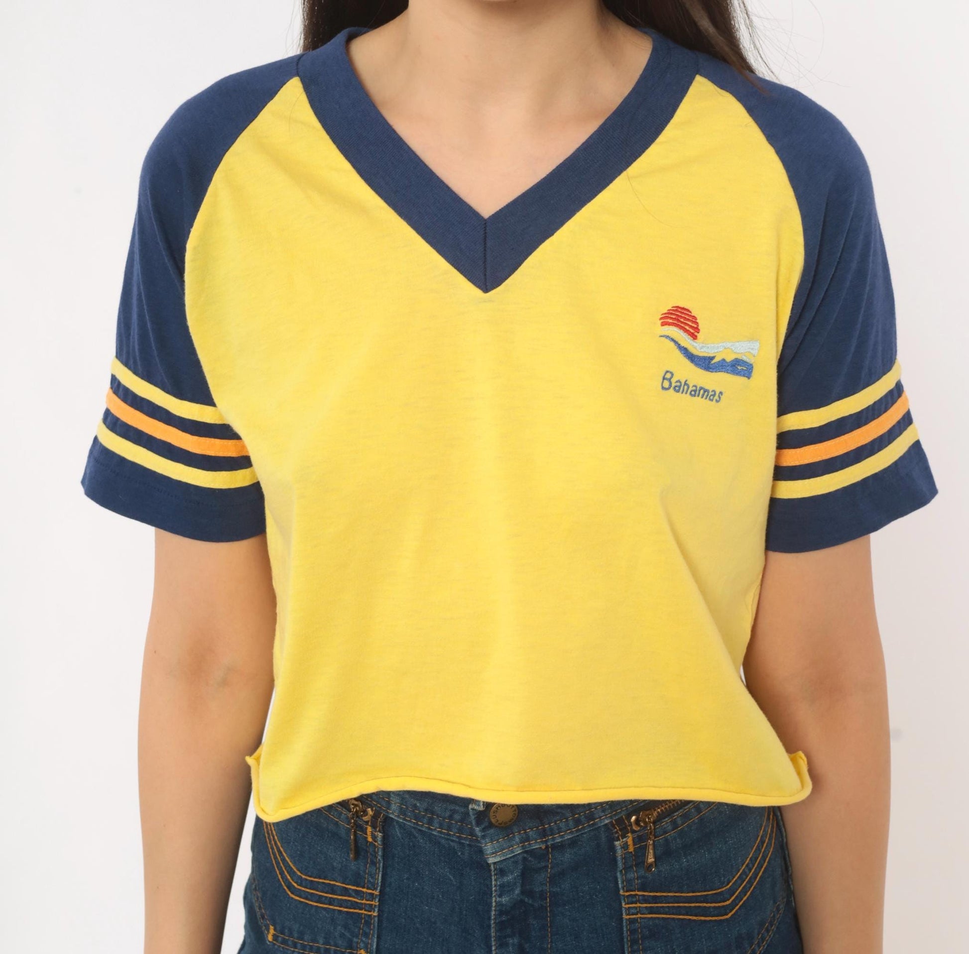 80s Windswept Bahamas Raglan Crop Top Yellow Navy Striped Small
