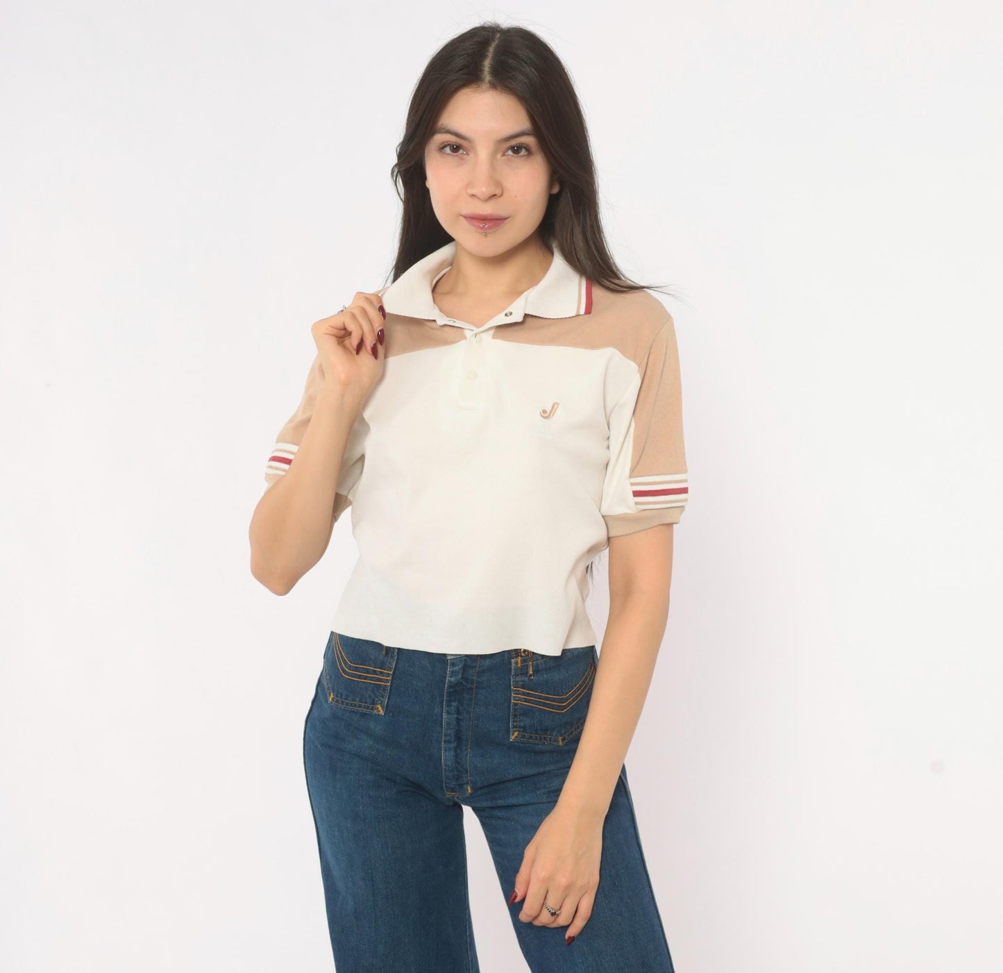 80s Jantzen Polo Cream Tan Color Block Snap Button Knit Top Small S