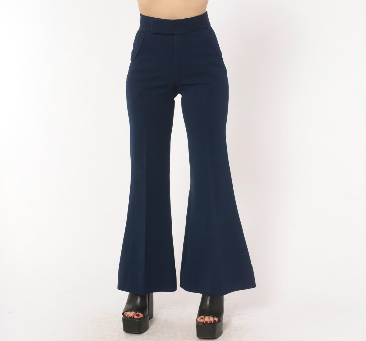 70s Oaxx Navy Bell Bottom Flare Pants High Waist Fitted Hip Extra Small