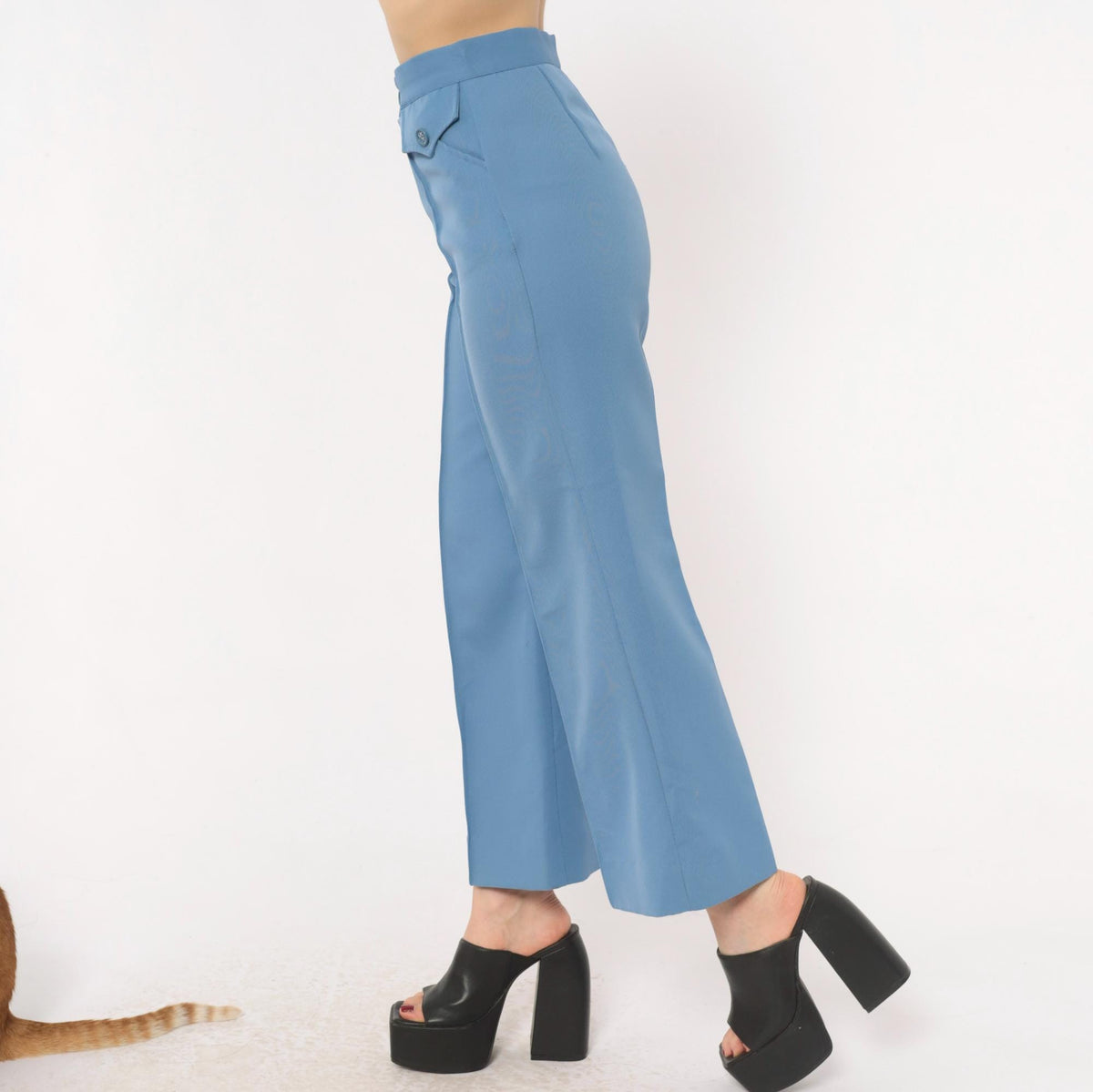 70s Steel Blue High Waisted Wide Leg Flare Trousers Cropped Ankle Extra Small XS