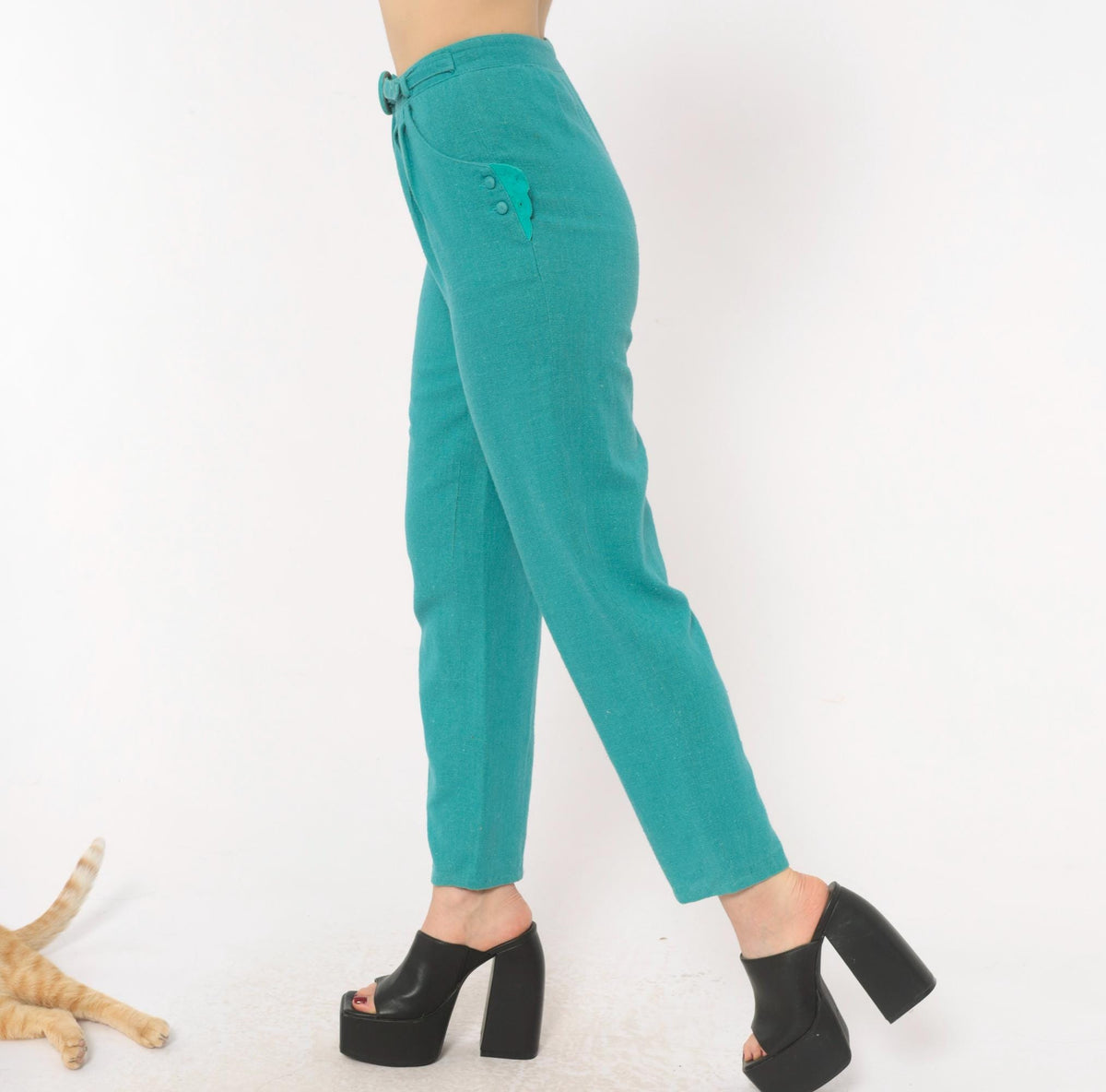 80s Teal High-Waist Pleated Tapered Trousers Eyelet Pockets Extra Small XS
