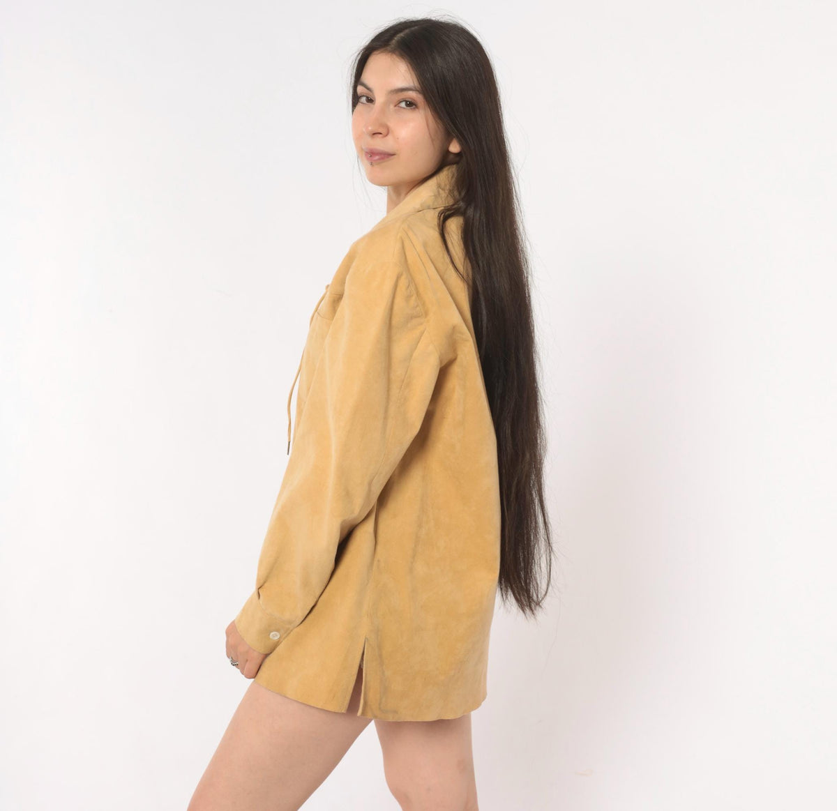 70s Tan Faux Suede Lace-Up Tunic Shirt Pointed Collar Long Sleeve Large L