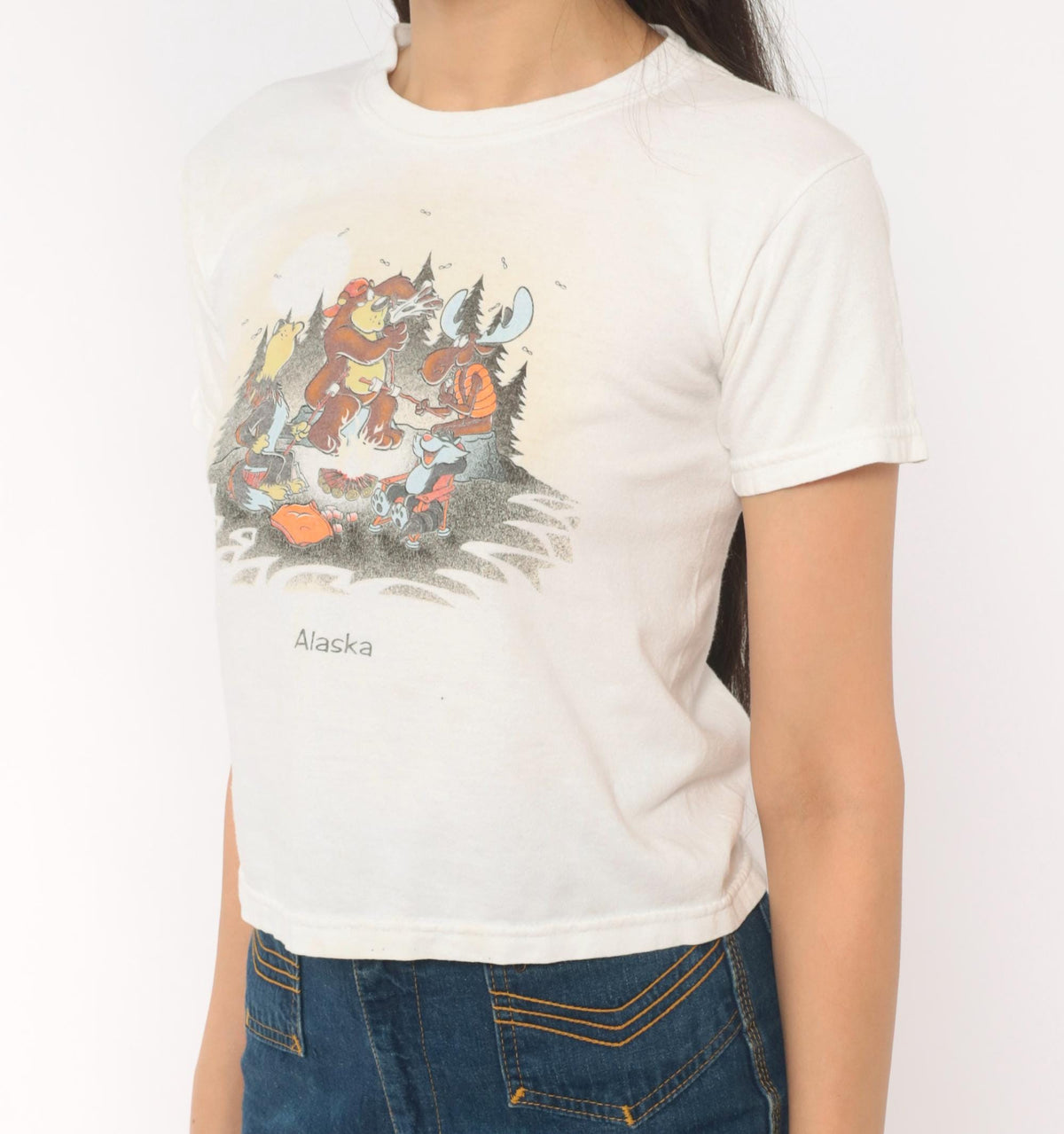 80s Alaska Campfire Animals Graphic Crop Top Gildan Cotton White XS