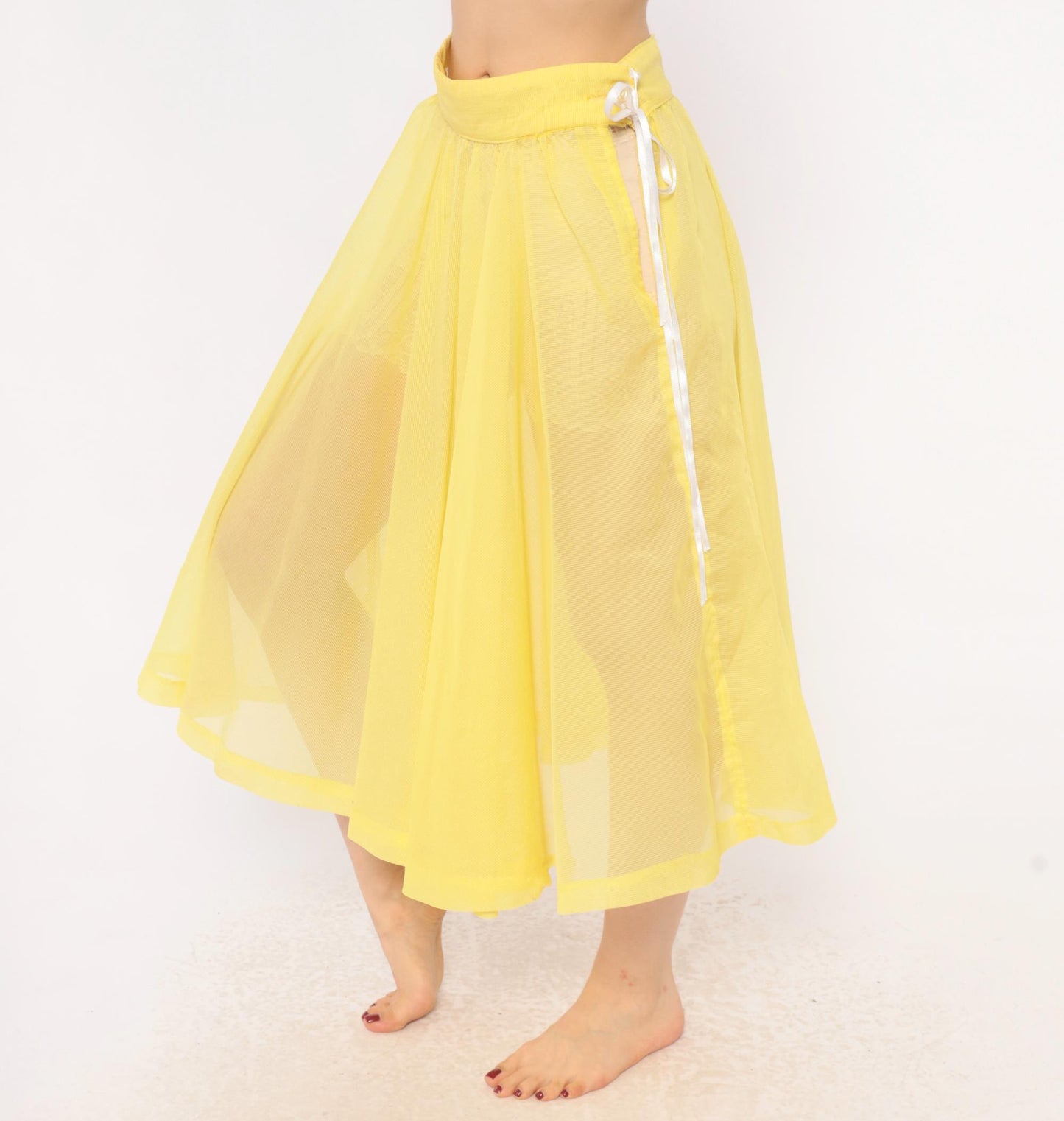 80s Yellow Sheer Circle Skirt Midi Ribbon Tie Lemon Chiffon Small